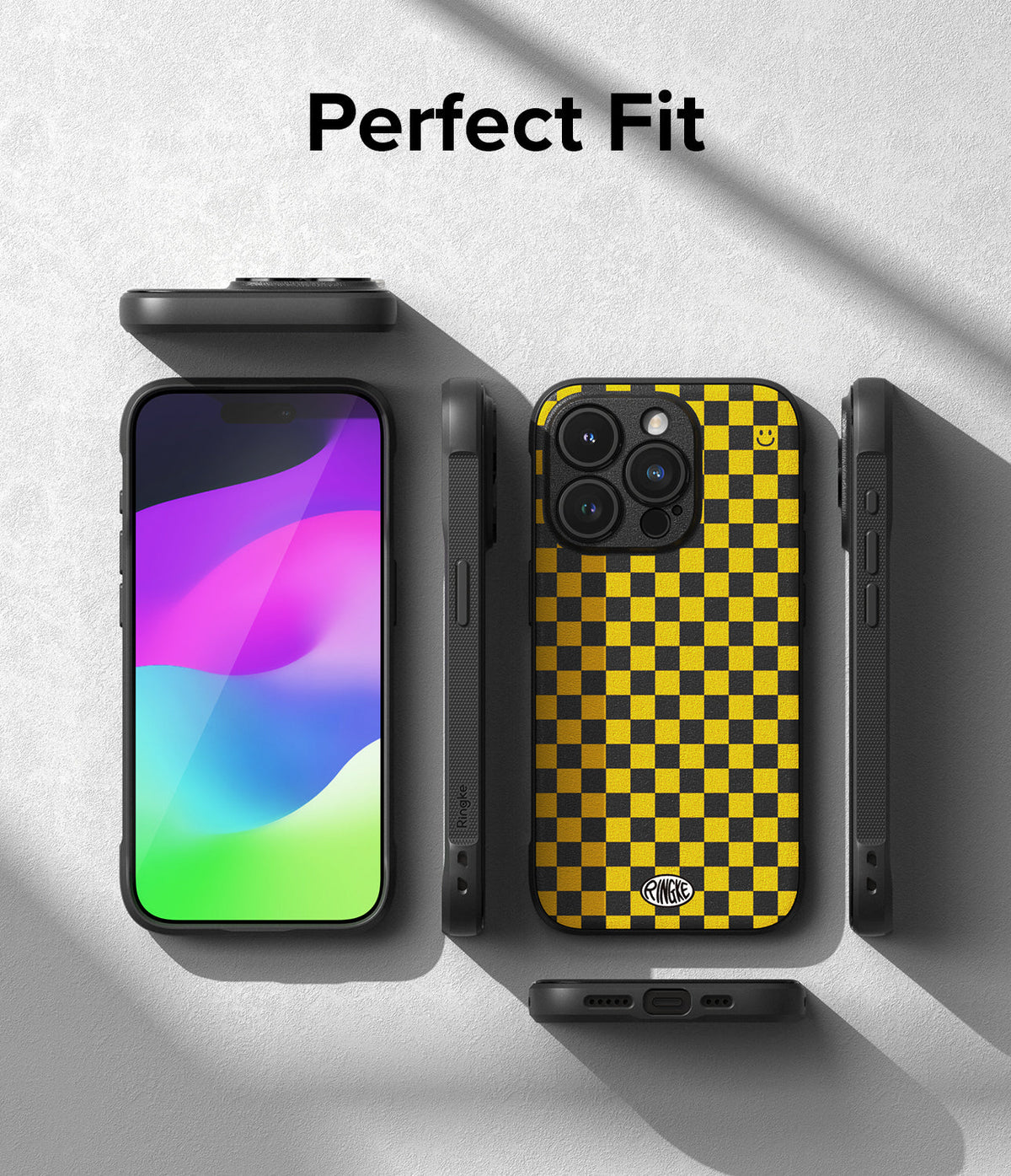iPhone 15 Pro Case | Onyx Design - Black and yellow checkered phone case shown from multiple angles on a gray background.