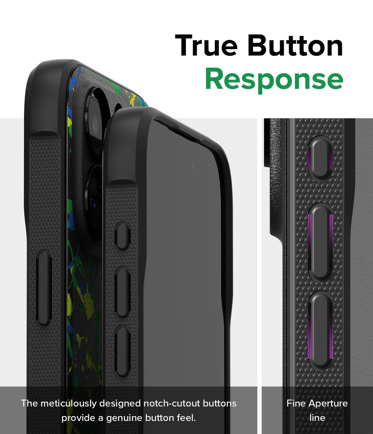 iPhone 15 Pro Case | Onyx Design - Close-up of phone case buttons with notch-cutouts for tactile response and fine aperture lines.