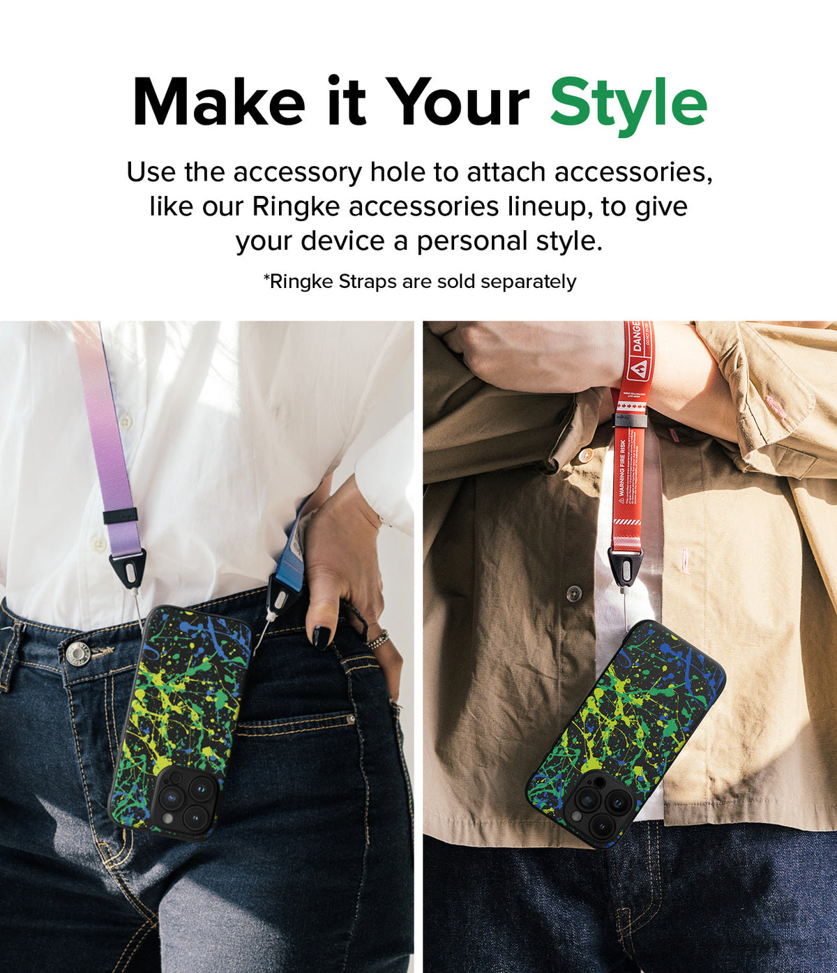 iPhone 15 Pro Case | Onyx Design - Two people wearing phones with paint-splatter cases attached to colorful neck straps.