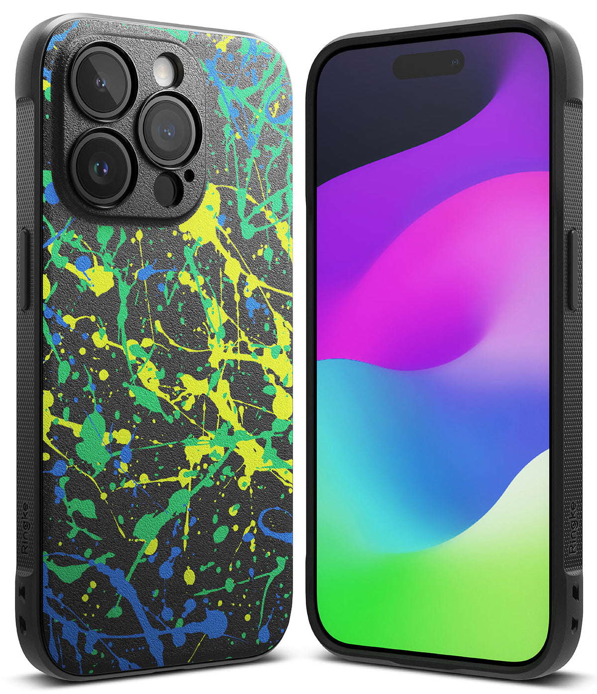 iPhone 15 Pro Case | Onyx Design - Black phone case with neon yellow, green, and blue paint splatter pattern next to a phone.