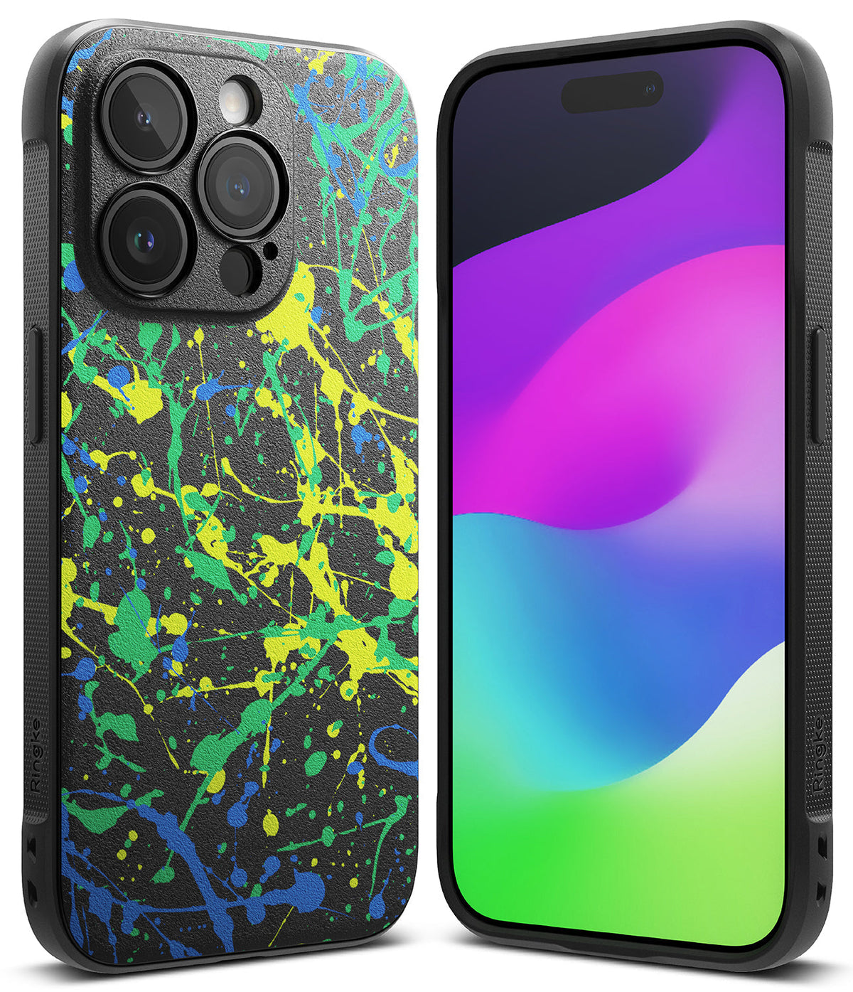 iPhone 15 Pro Max Case | Onyx Design - Black phone case with neon yellow, green, and blue paint splatter art on the back.