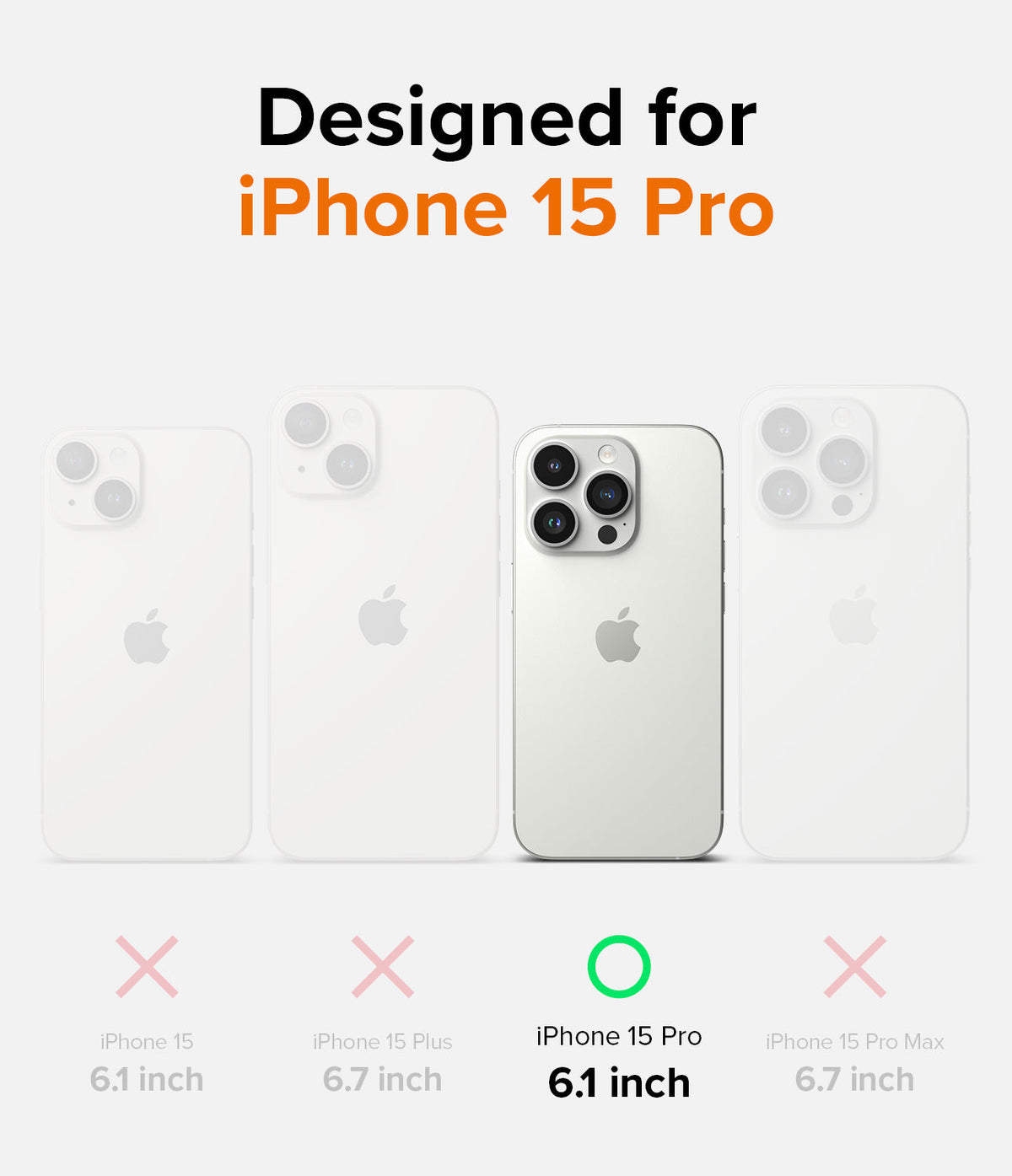 iPhone 15 Pro Case | Onyx Design - Comparison chart showing iPhone 15 Pro is the only compatible model with a green check.
