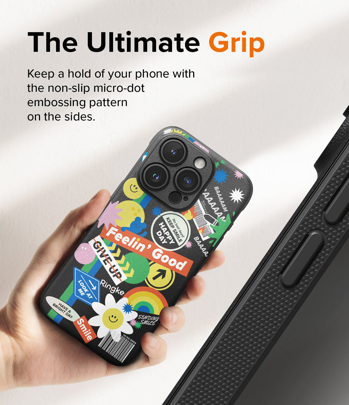 iPhone 15 Pro Case | Onyx Design - Hand holding a black phone case with colorful sticker-style graphics and micro-dot side grip.