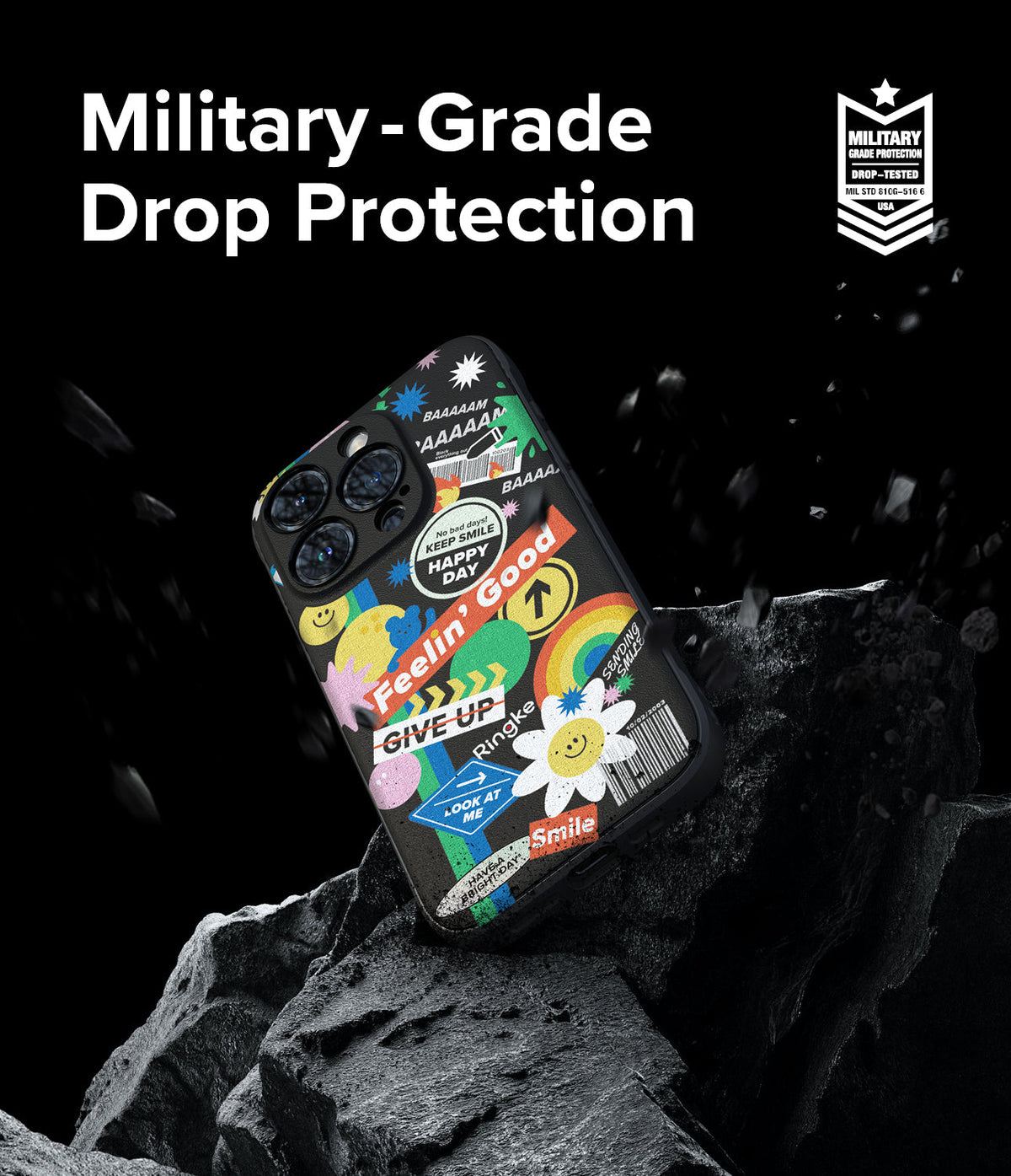 iPhone 15 Pro Case | Onyx Design - Sticker-covered phone case on a rock with military-grade drop protection text.