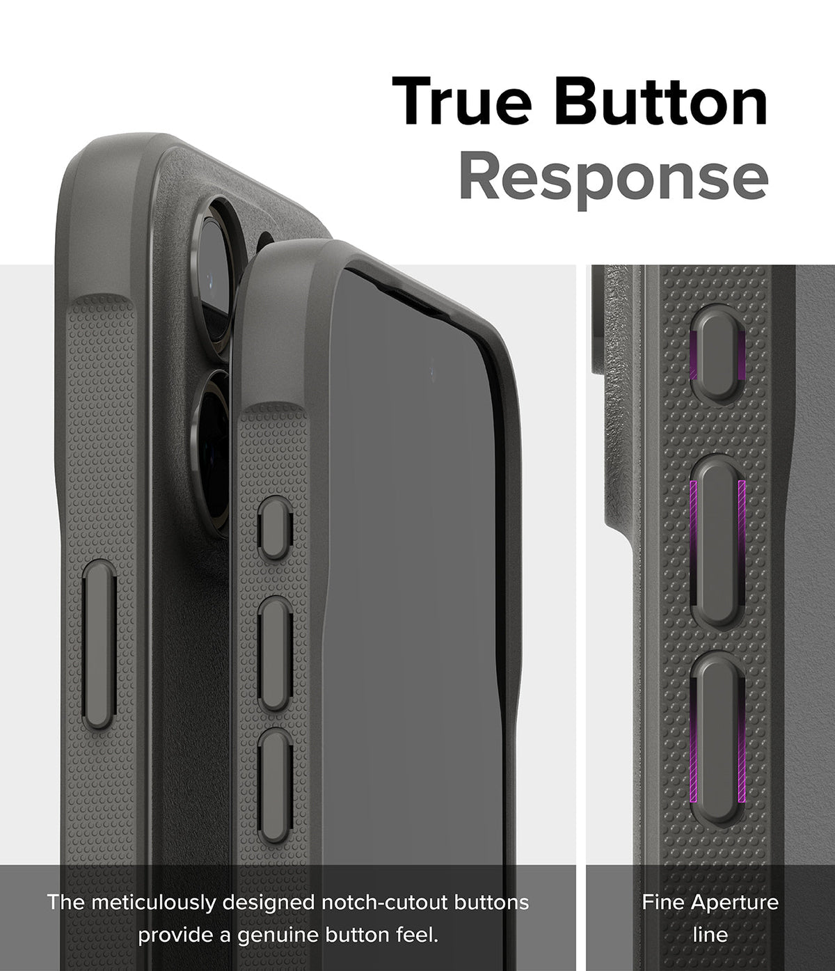 iPhone 15 Pro Case | Onyx - Close-up of textured black phone case buttons with highlighted aperture lines for tactile feel.