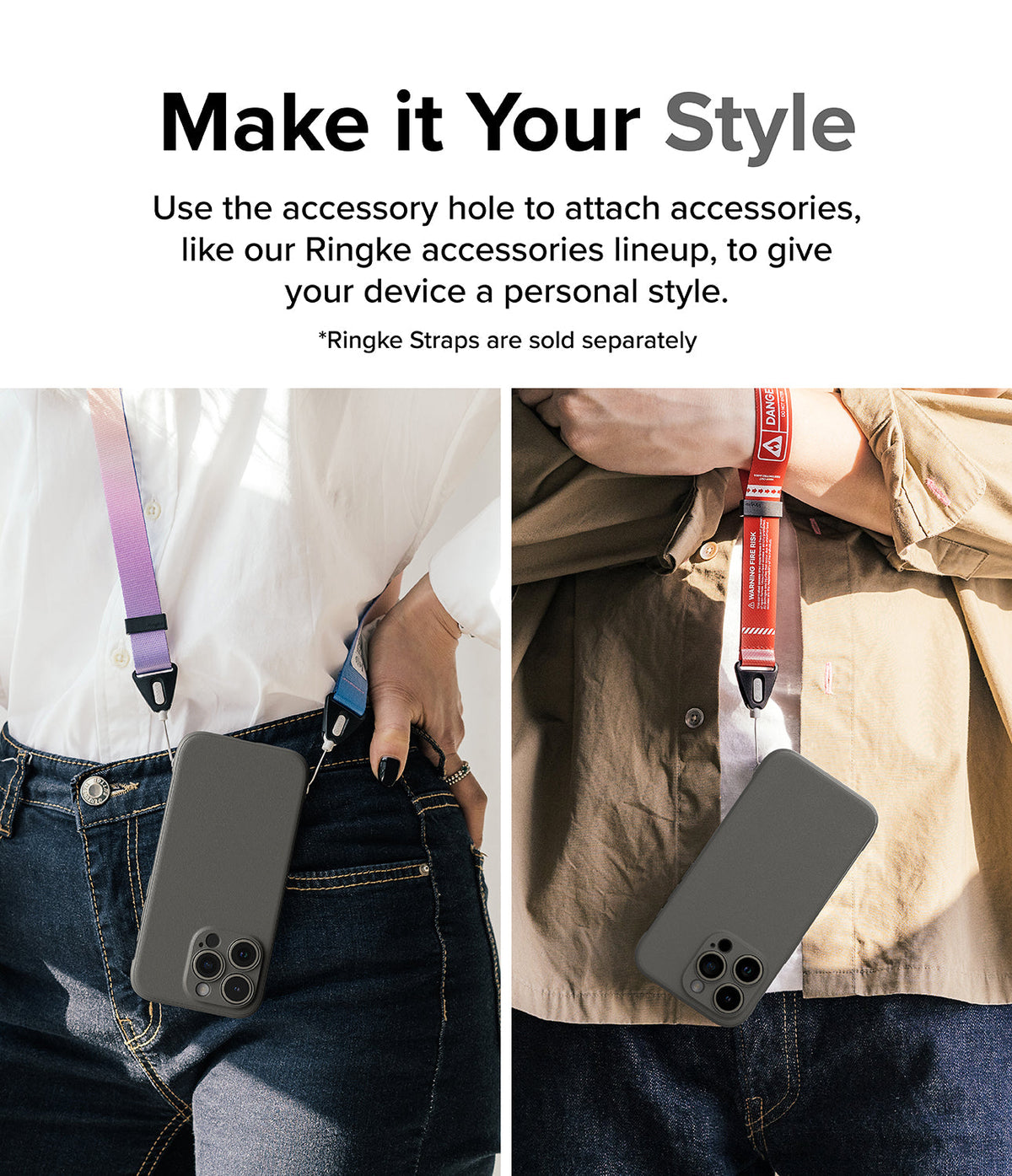 iPhone 15 Pro Case | Onyx - Two people wearing matte grey phone cases on colorful lanyards attached to accessory holes.