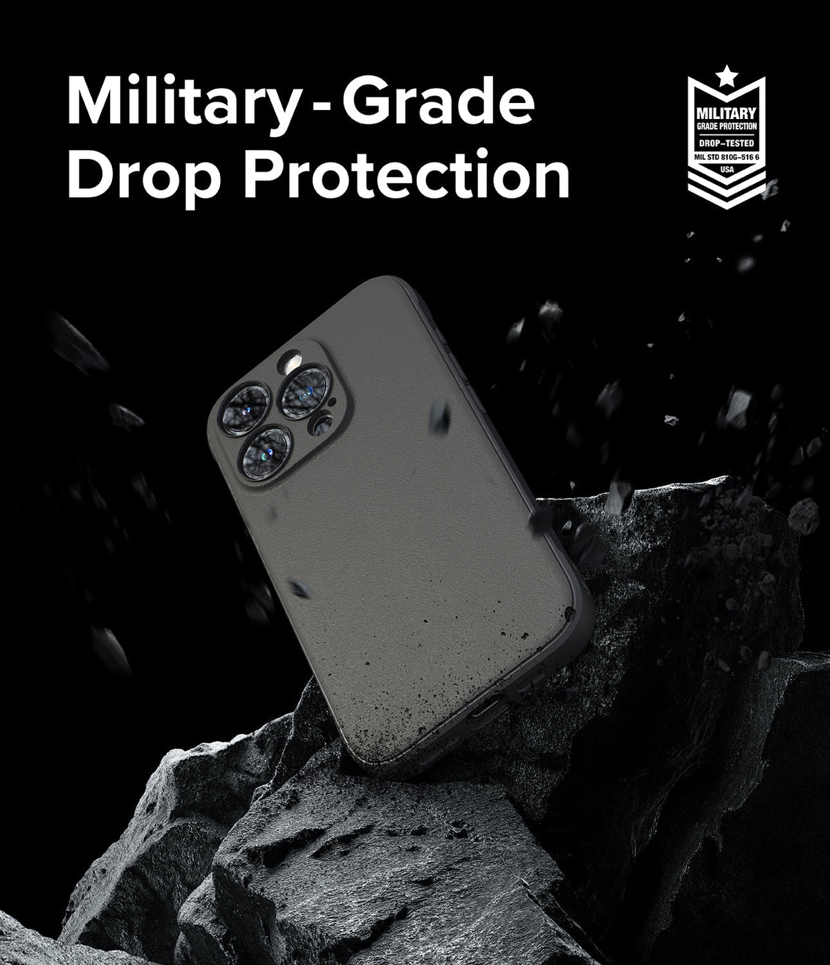 iPhone 15 Pro Case | Onyx - Onyx phone case floating above jagged black rocks with military-grade drop protection text and badge.