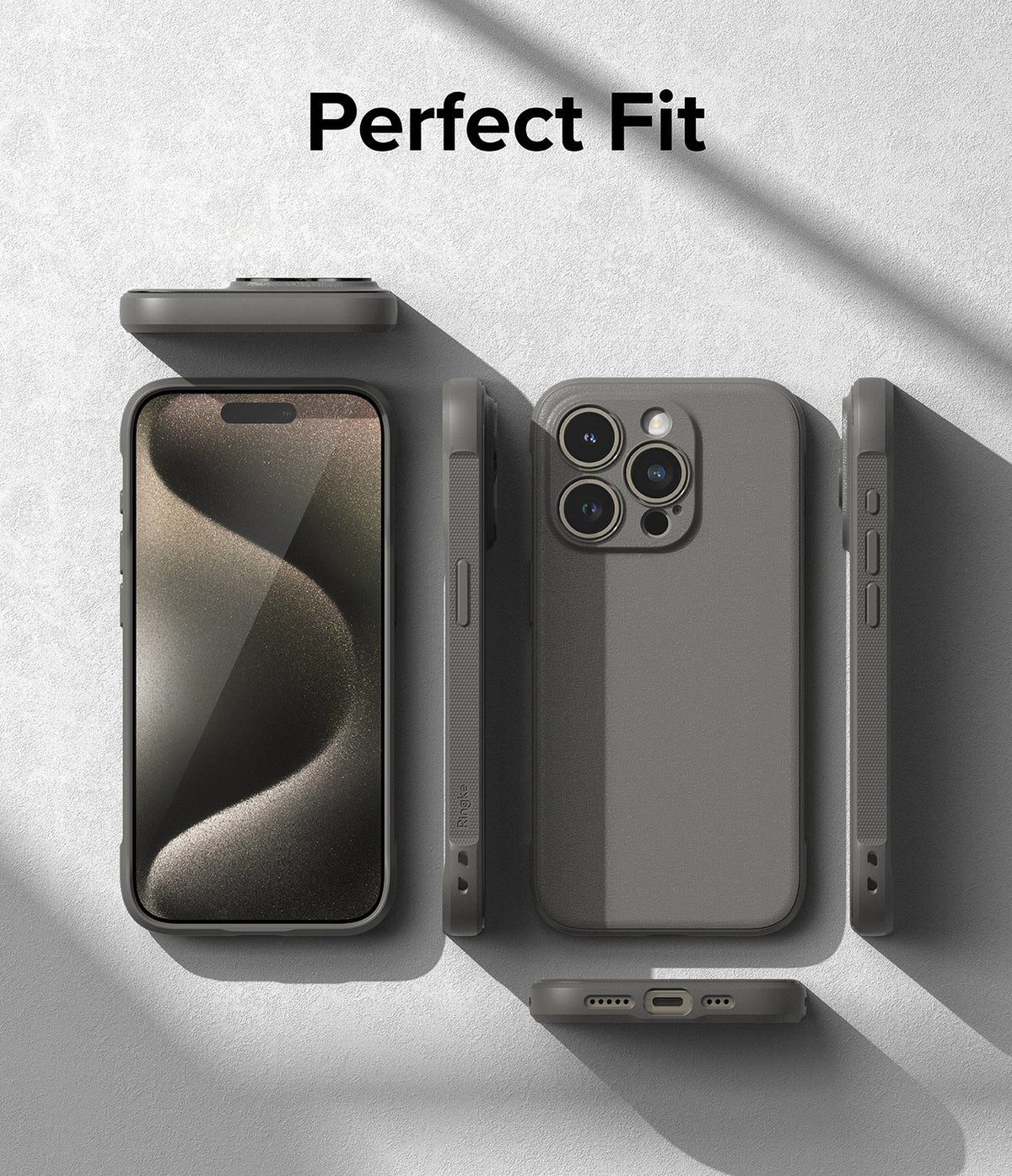 iPhone 15 Pro Case | Onyx - Multiple views of a matte grey phone case showing front, back, and side profiles on a textured surface.