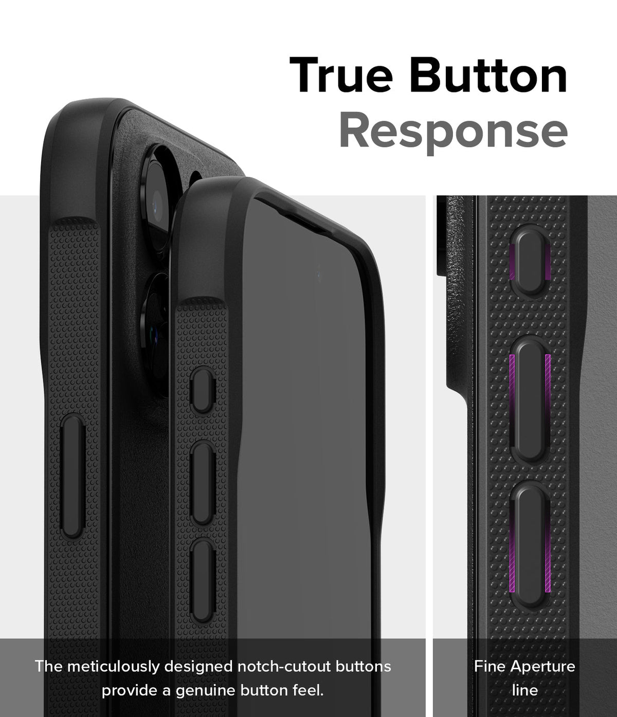 iPhone 15 Pro Case | Onyx Magnetic - Close-up of black phone case buttons with notch-cutouts for tactile response.