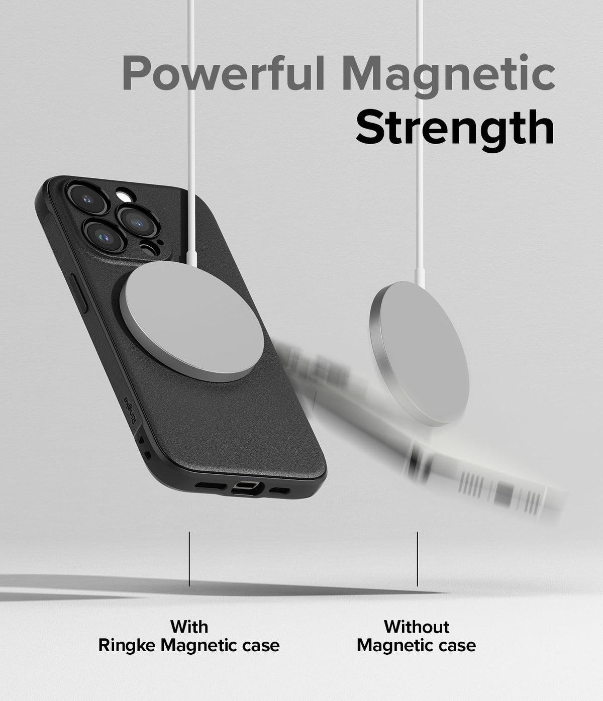 iPhone 15 Pro Case | Onyx Magnetic - A magnetic charger attached to a black phone case versus a falling phone without one.