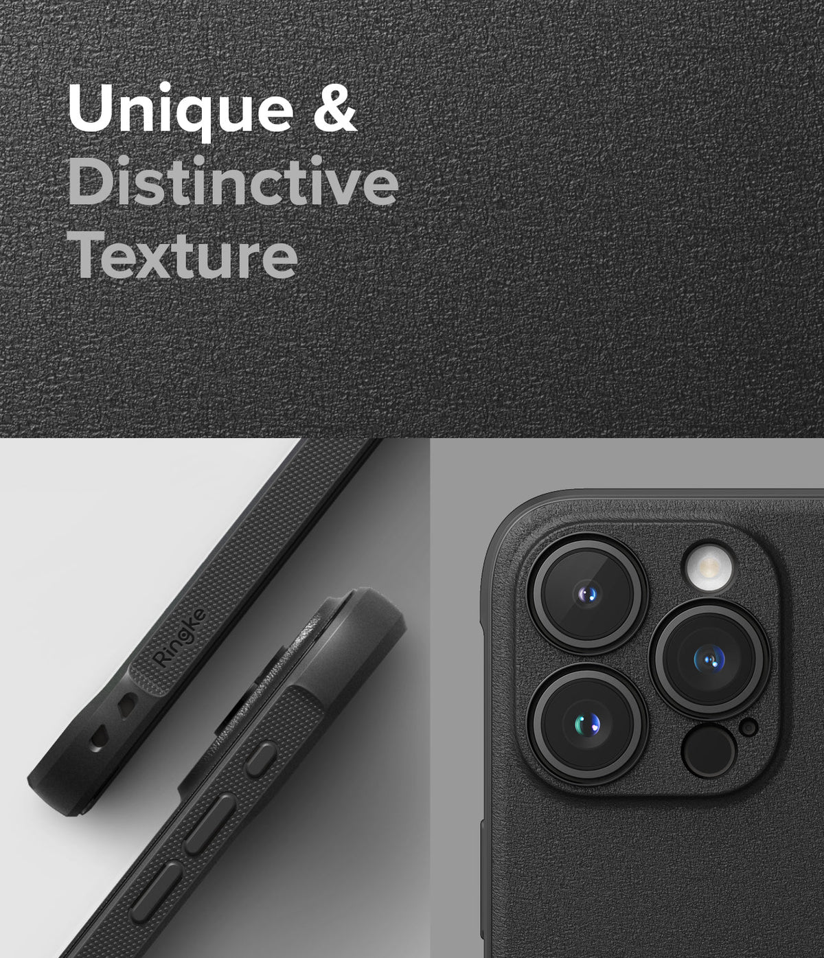 iPhone 15 Pro Case | Onyx Magnetic - Close-up of a black textured phone case showing side buttons and the triple-lens camera array.