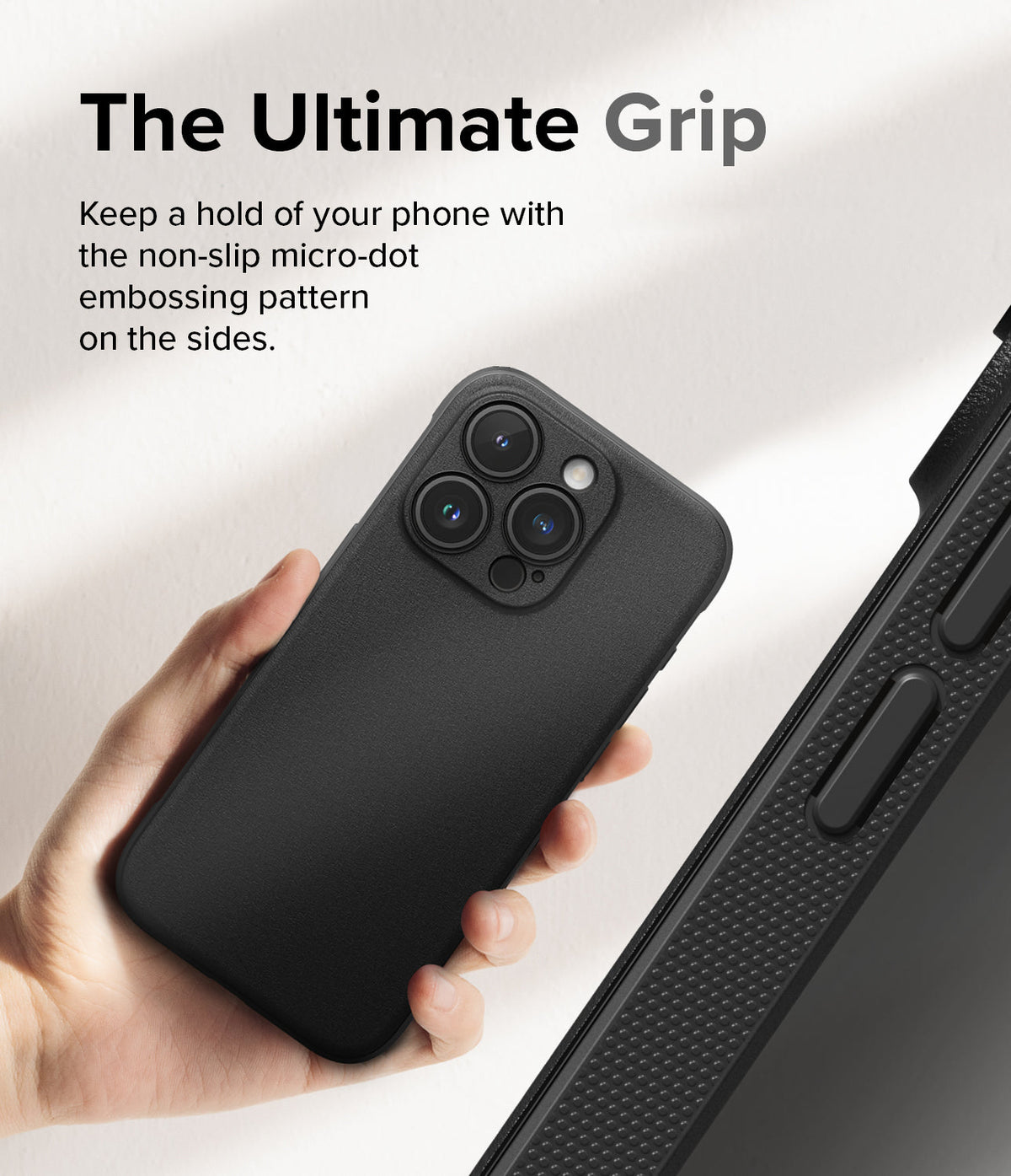 iPhone 15 Pro Case | Onyx Magnetic - Hand holding a black phone case with a textured micro-dot side grip pattern.