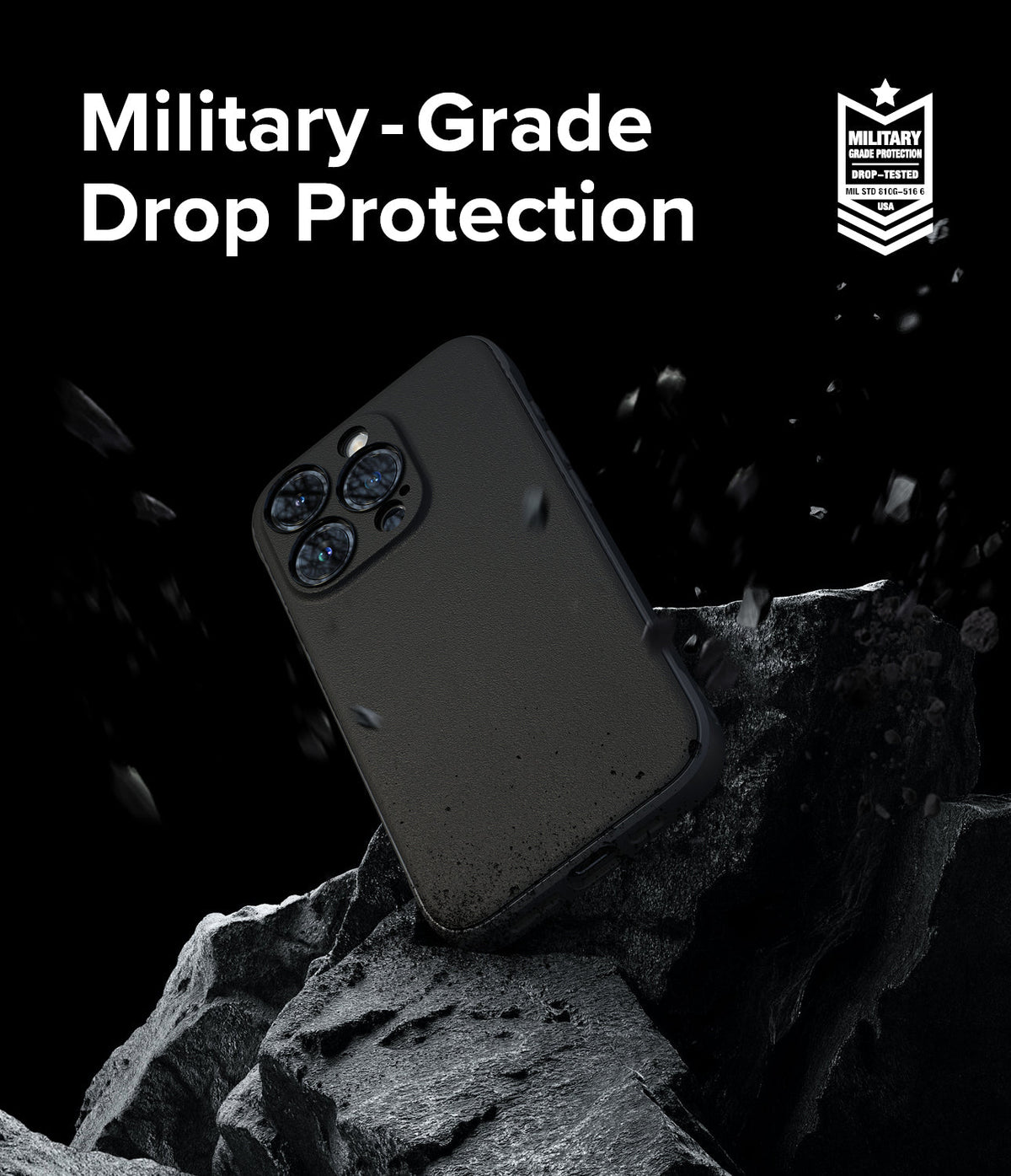 iPhone 15 Pro Case | Onyx Magnetic - Black phone case on jagged rock with debris, text reading Military-Grade Drop Protection.