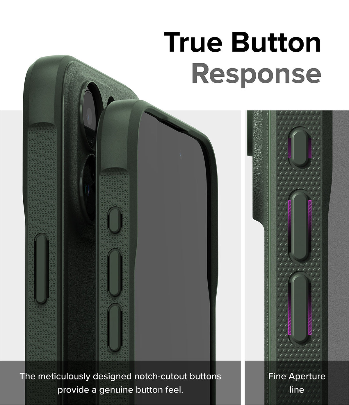 iPhone 15 Pro Case | Onyx Magnetic - Close-up of dark green phone case buttons with textured sides and precise cutouts.