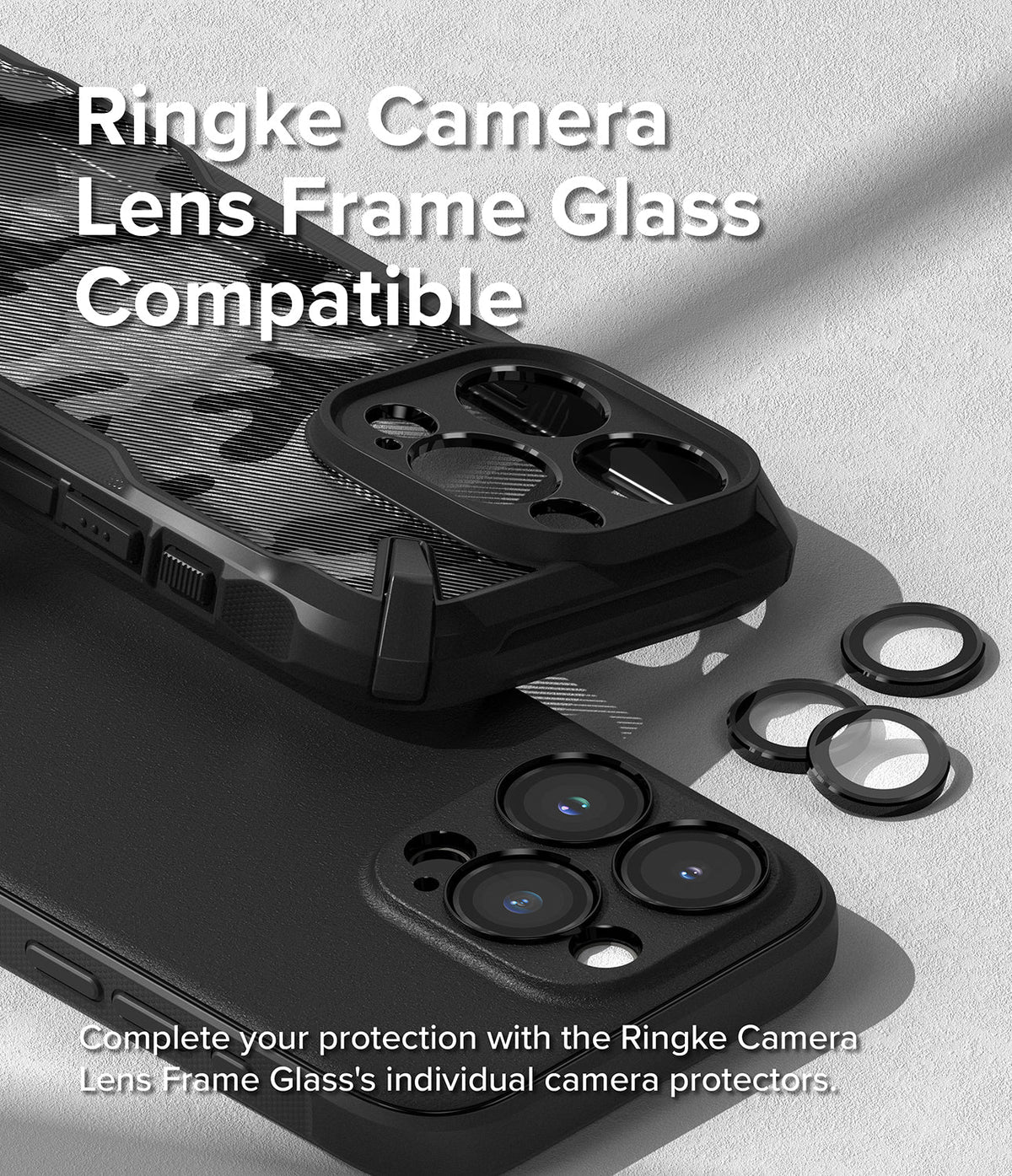 iPhone 15 Pro Case | Onyx Magnetic - Black phone case with individual camera lens protectors and text overlay.