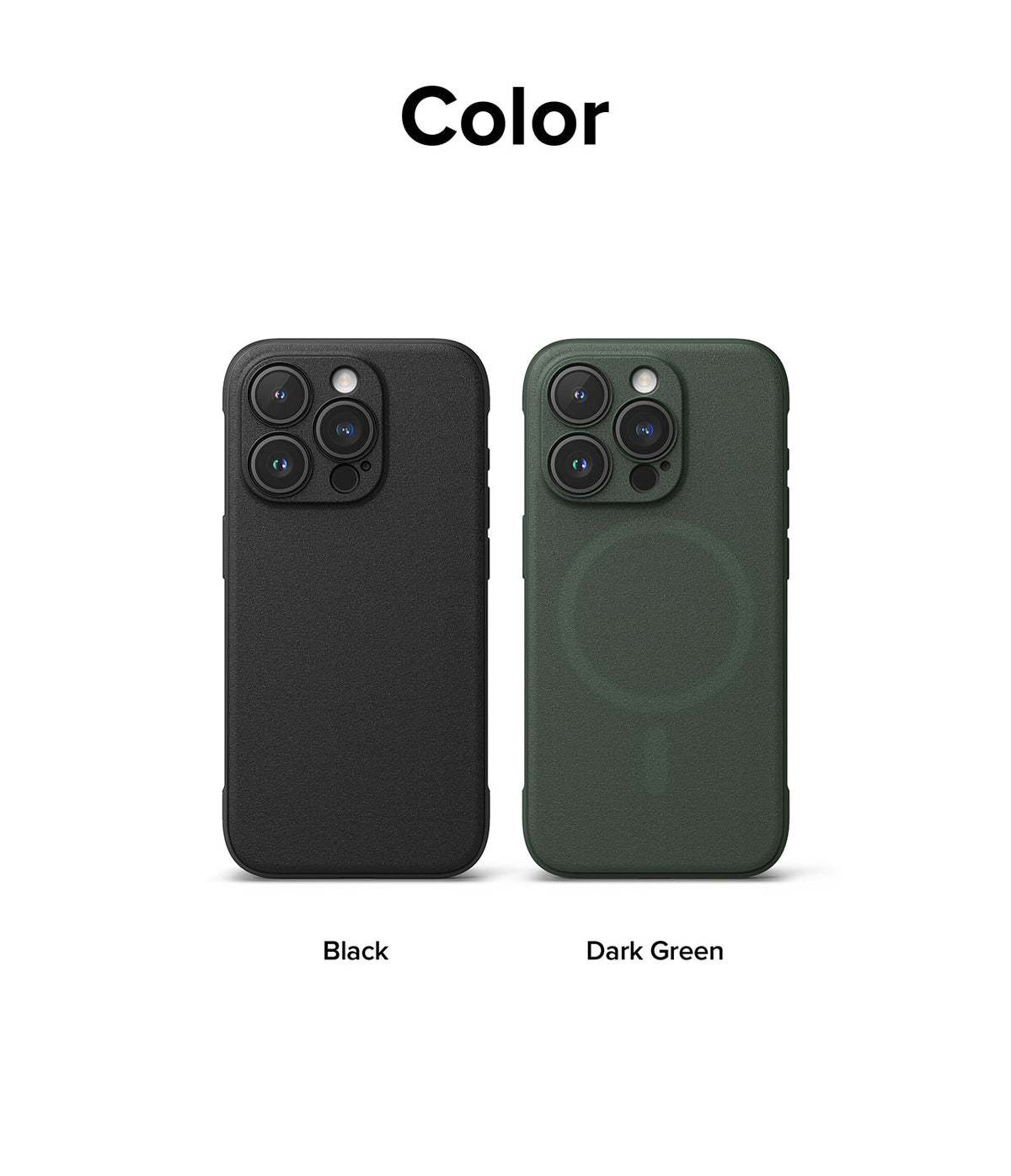 iPhone 15 Pro Case | Onyx Magnetic - Two iPhone 15 Pro cases in black and dark green side-by-side against a white background.