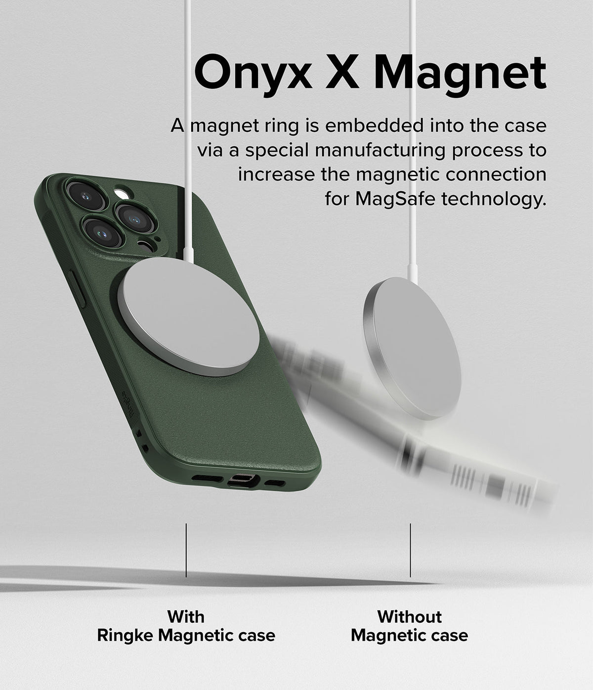 iPhone 15 Pro Case | Onyx Magnetic - A green iPhone case magnetically attached to a charger versus a phone falling away.