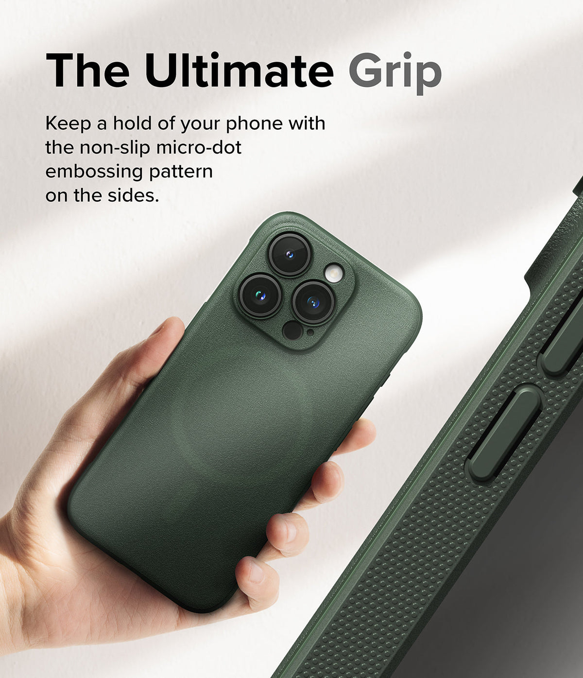 iPhone 15 Pro Case | Onyx Magnetic - Hand holding a dark green phone case with a textured micro-dot side grip pattern.