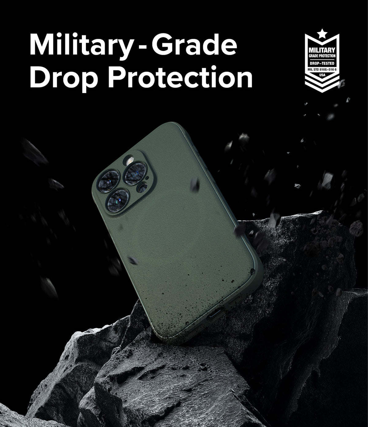 iPhone 15 Pro Case | Onyx Magnetic - Olive green phone case hovering above jagged black rocks with debris and military-grade text.