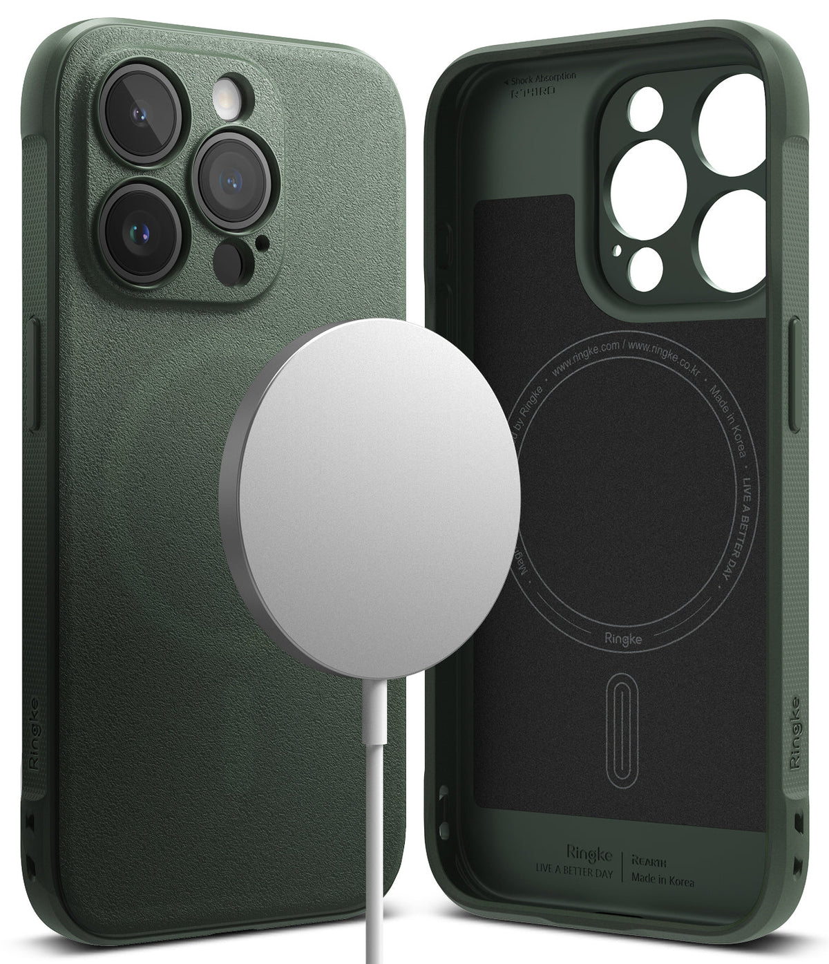 iPhone 15 Pro Case | Onyx Magnetic - Dark green textured phone case shown from back and inside with a magnetic charger.