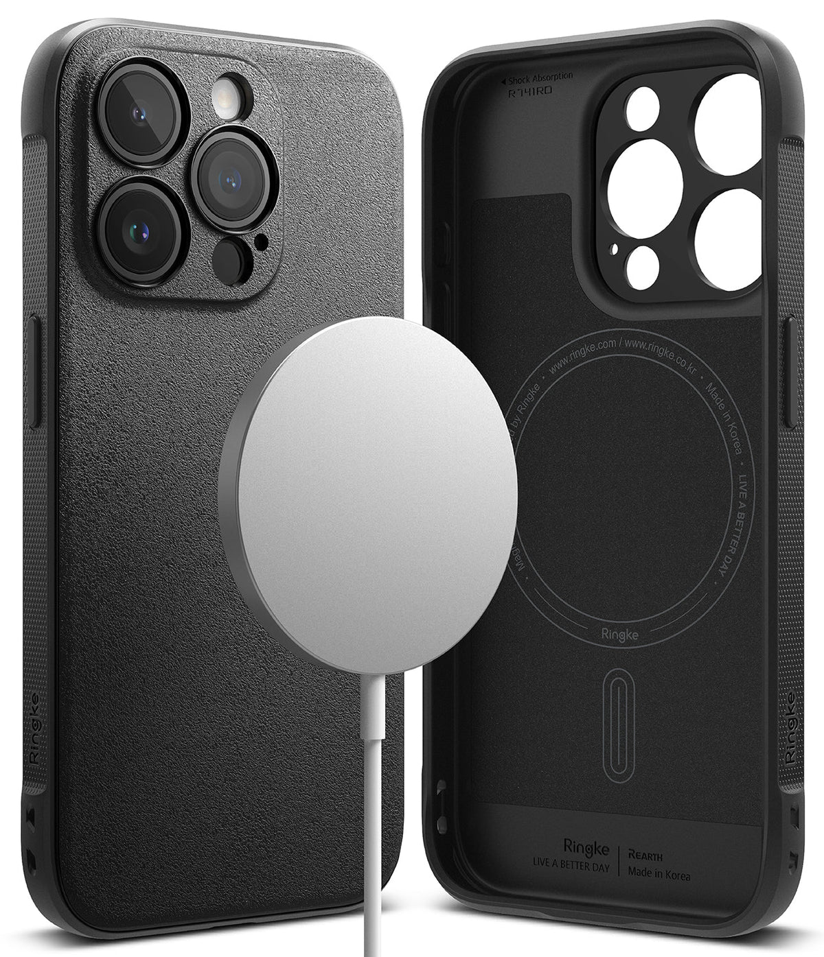 iPhone 15 Pro Case | Onyx Magnetic - Black textured phone case showing exterior and interior with magnetic charger.