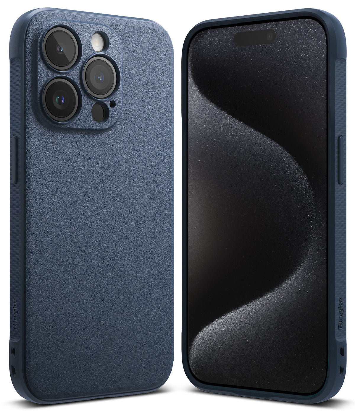 iPhone 15 Pro Case | Onyx - Front and back views of a textured navy blue phone case on an iPhone 15 Pro.