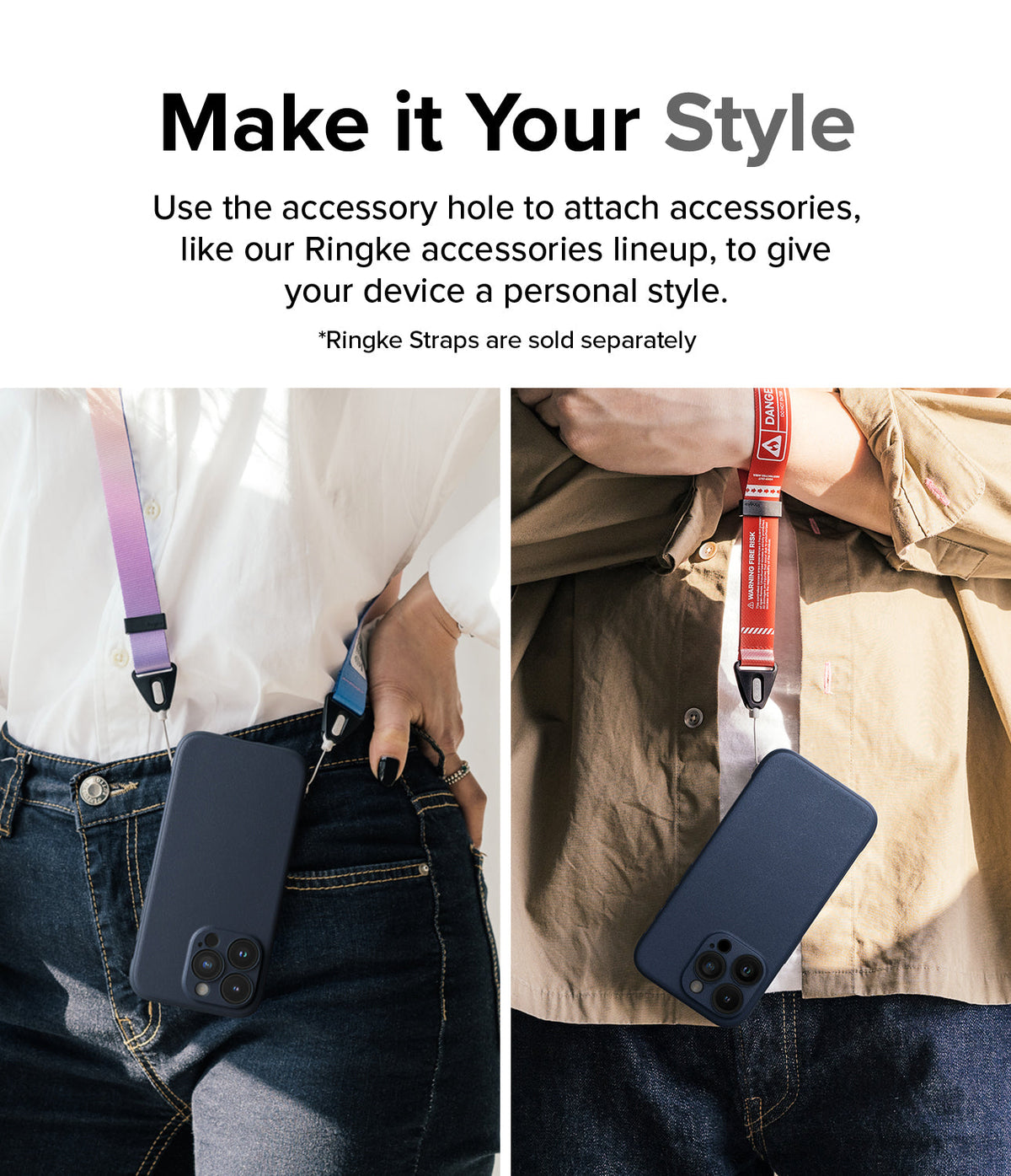 iPhone 15 Pro Case | Onyx - Two people wearing dark blue phone cases attached to colorful wrist and neck straps.