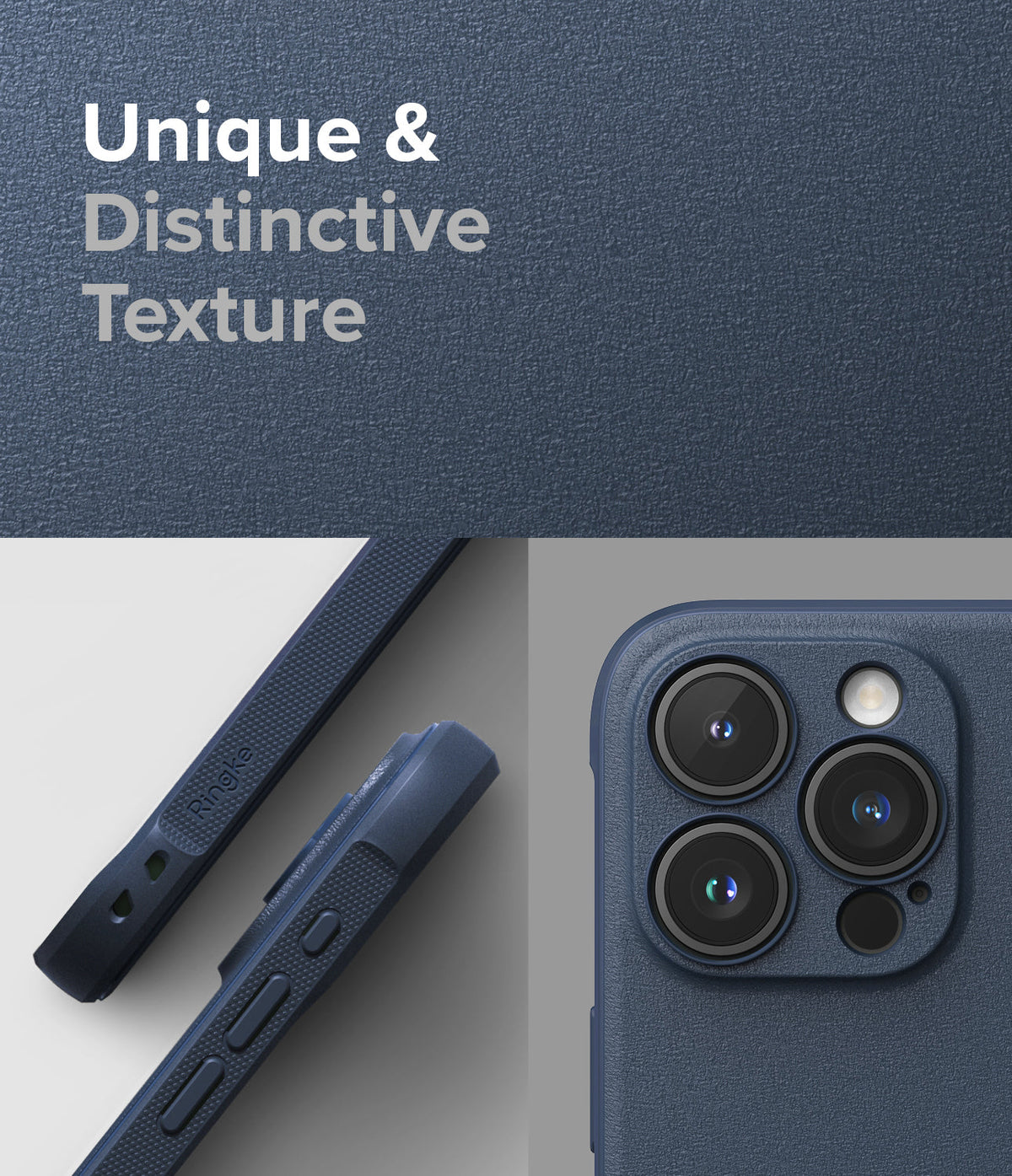 iPhone 15 Pro Case | Onyx - Close-up of a textured navy blue phone case showing side buttons and the triple-lens camera cutout.