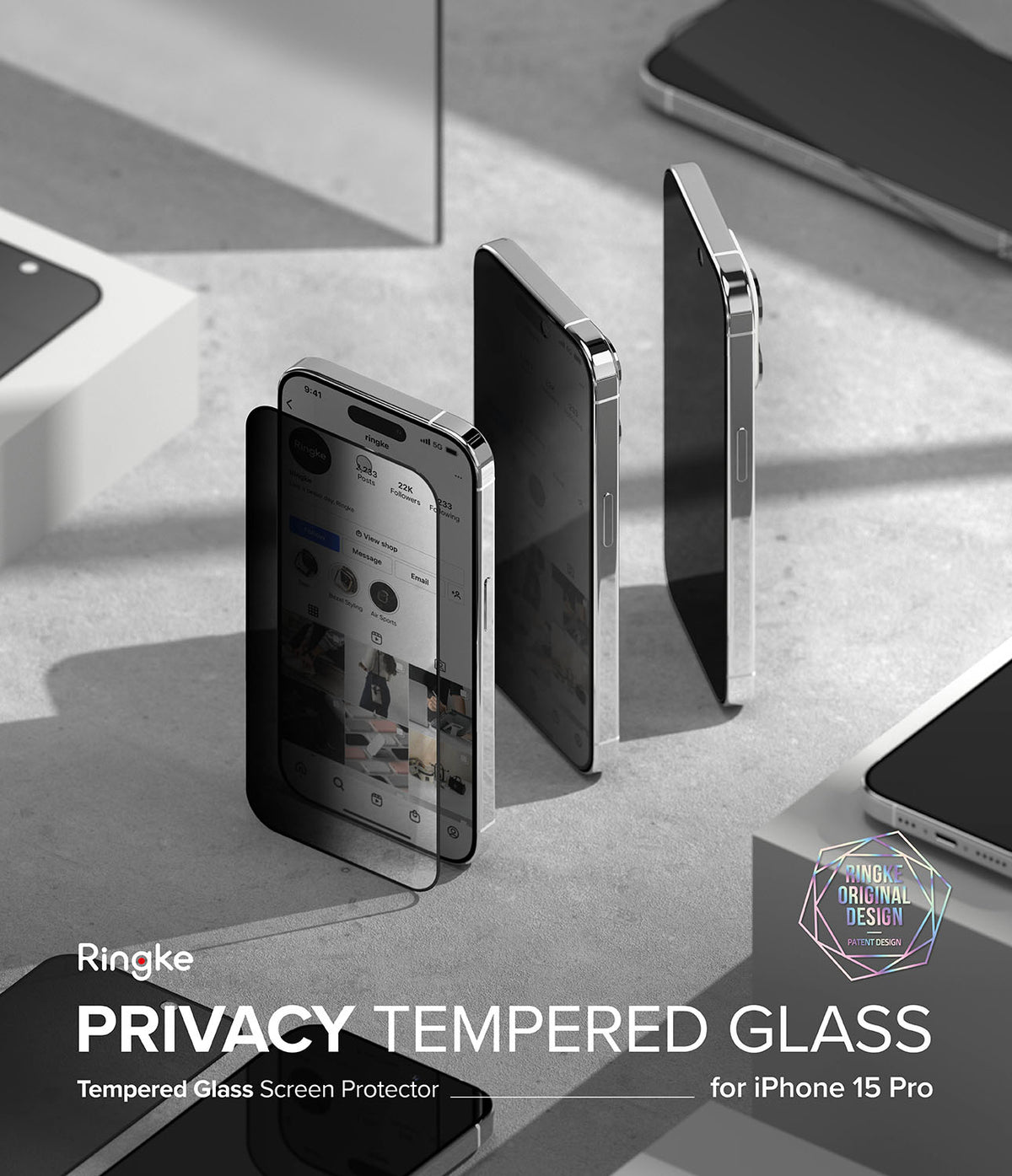 iPhone 15 Pro Screen Protector | Privacy Glass - Three iPhones displayed with privacy glass showing a dark screen angle.