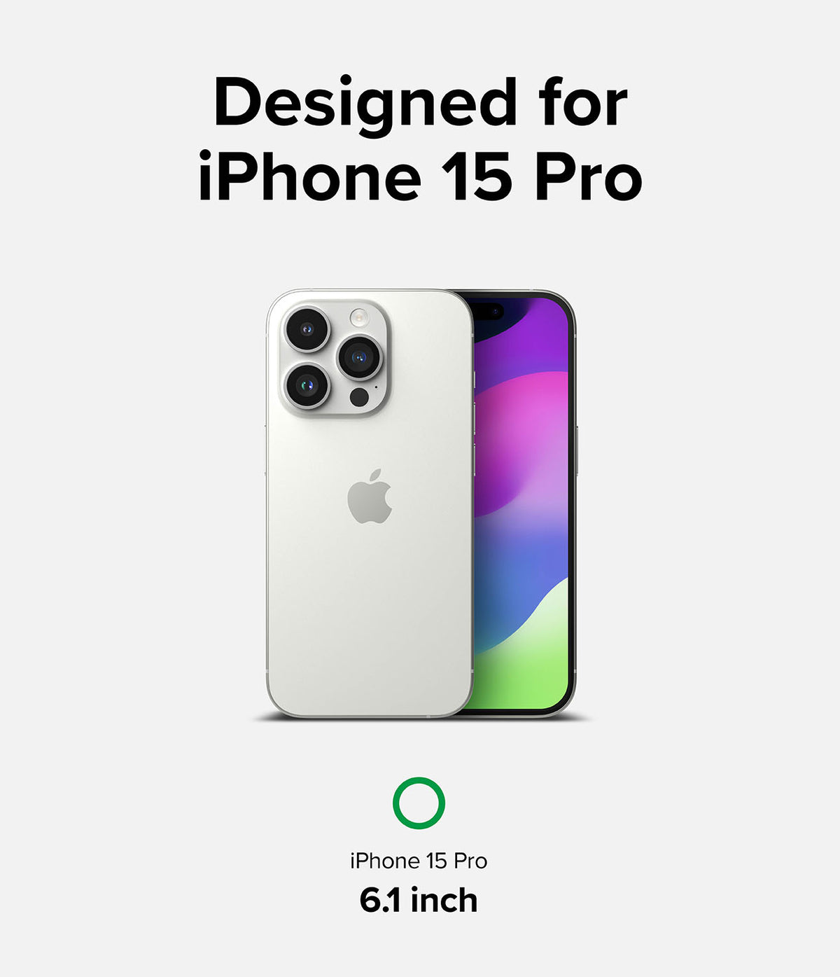 iPhone 15 Pro Screen Protector | Privacy Glass - iPhone 15 Pro Screen Protector - White iPhone 15 Pro shown from back and front with 6.1 inch display size label.