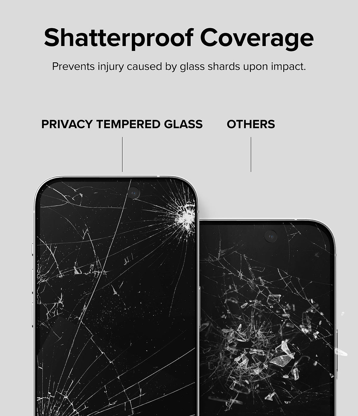 iPhone 15 Pro Screen Protector | Privacy Glass - iPhone 15 Pro Screen Protector - Comparison showing shattered privacy glass held together versus loose shards on others.