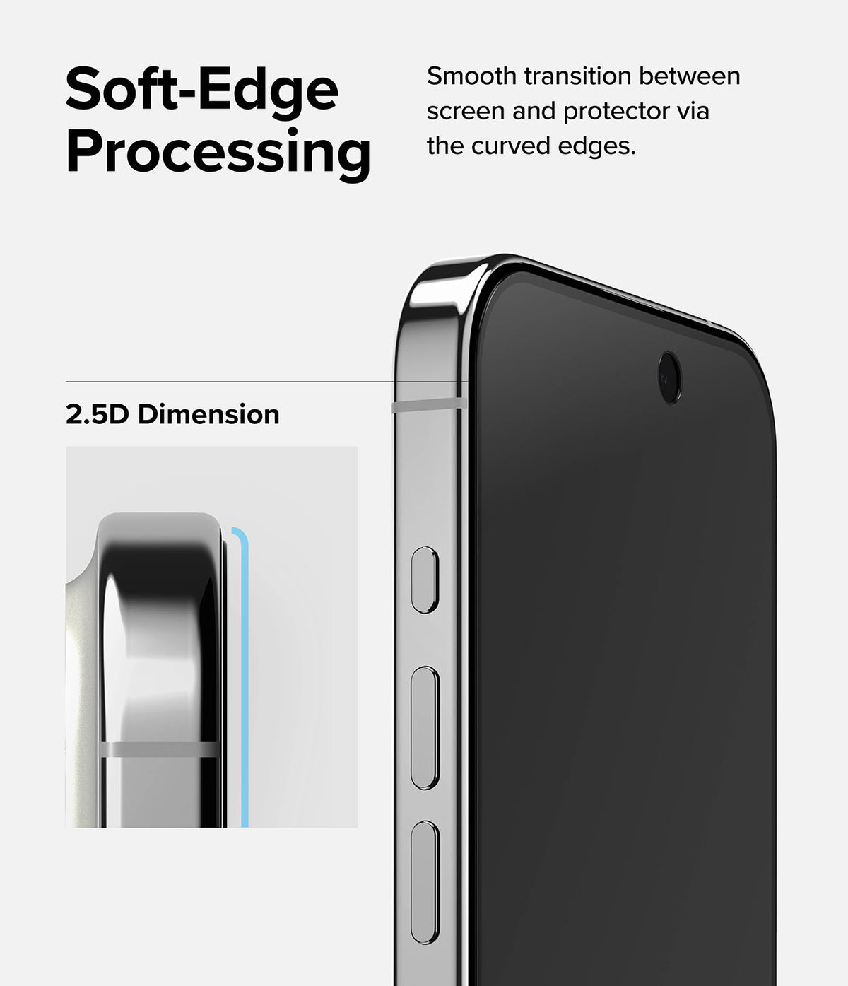 iPhone 15 Pro Screen Protector | Privacy Glass - Close-up of 2.5D curved edges on a smartphone screen protector.