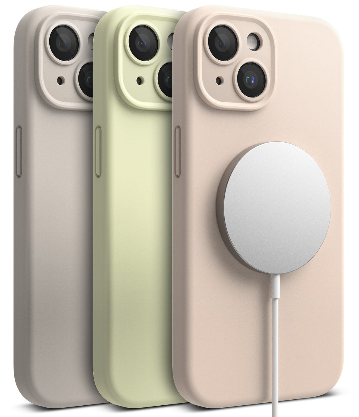 iPhone 15 Plus Case | Silicone Magnetic - Three silicone iPhone 15 Plus cases in beige, light green, and pink with a MagSafe charger.