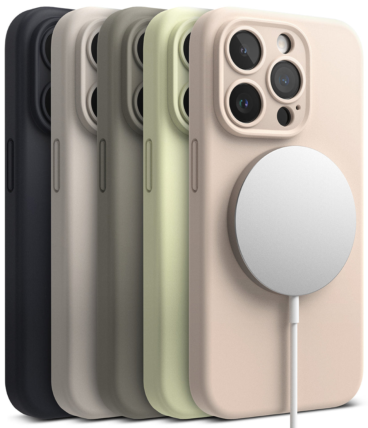 iPhone 15 Pro Case | Silicone Magnetic - Five silicone iPhone 15 Pro cases in various colors with a magnetic charger.