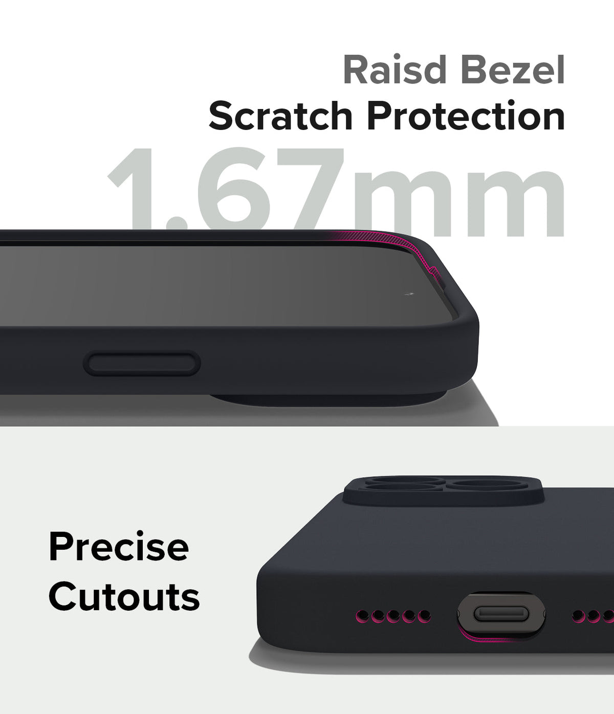 iPhone 15 Pro Case | Silicone Magnetic - Close-up of 1.67mm raised bezel and precise port cutouts on a black phone case.