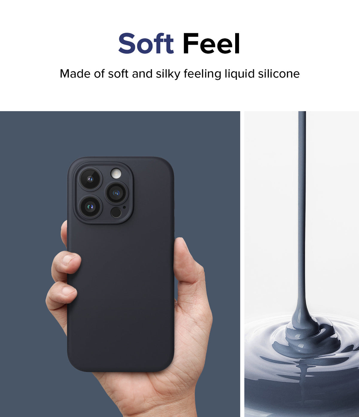 iPhone 15 Pro Case | Silicone Magnetic - Hand holding a dark blue silicone phone case next to liquid silicone pouring.