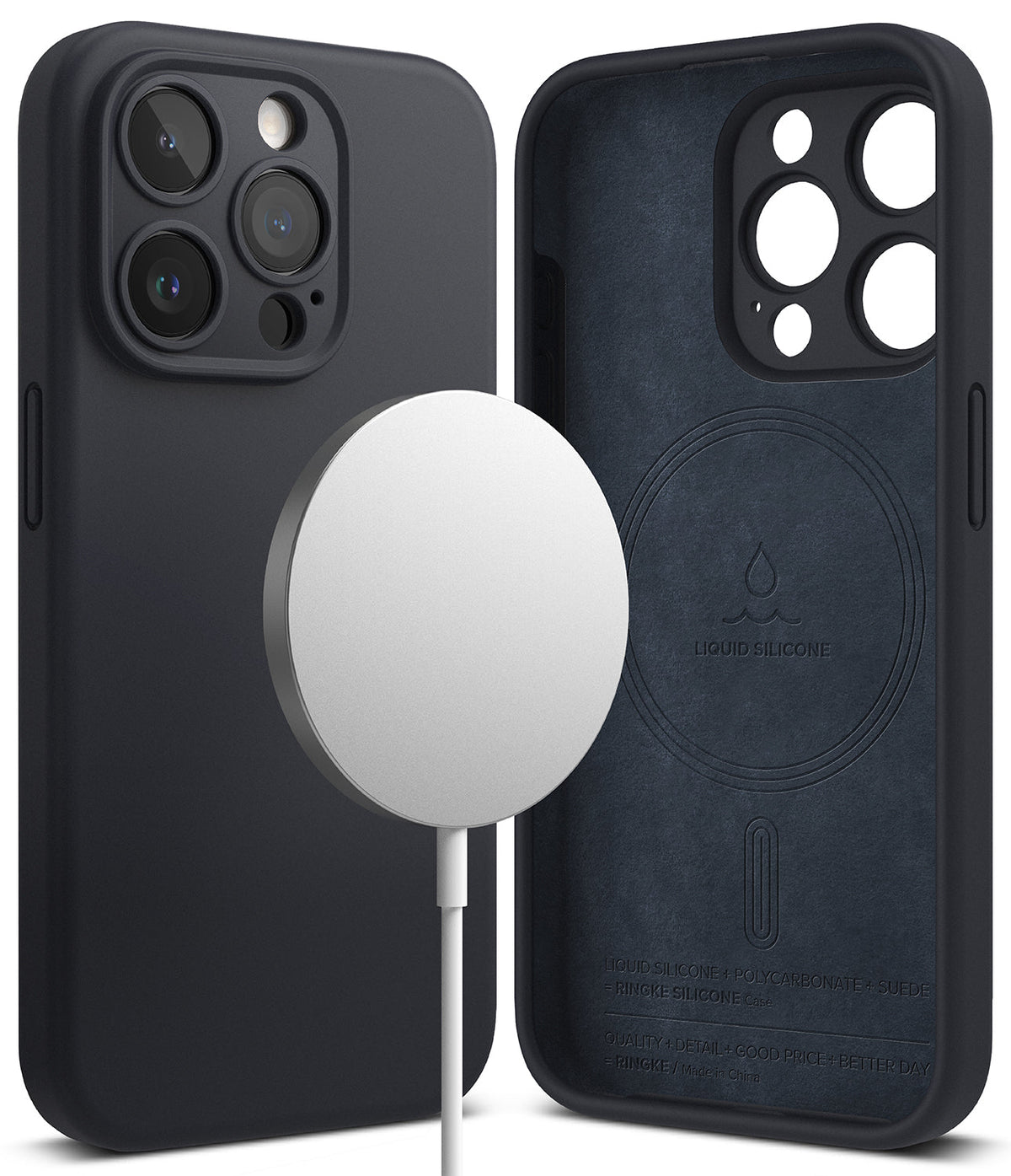 iPhone 15 Pro Case | Silicone Magnetic - Deep blue magnetic silicone case shown from front and back with MagSafe charger.
