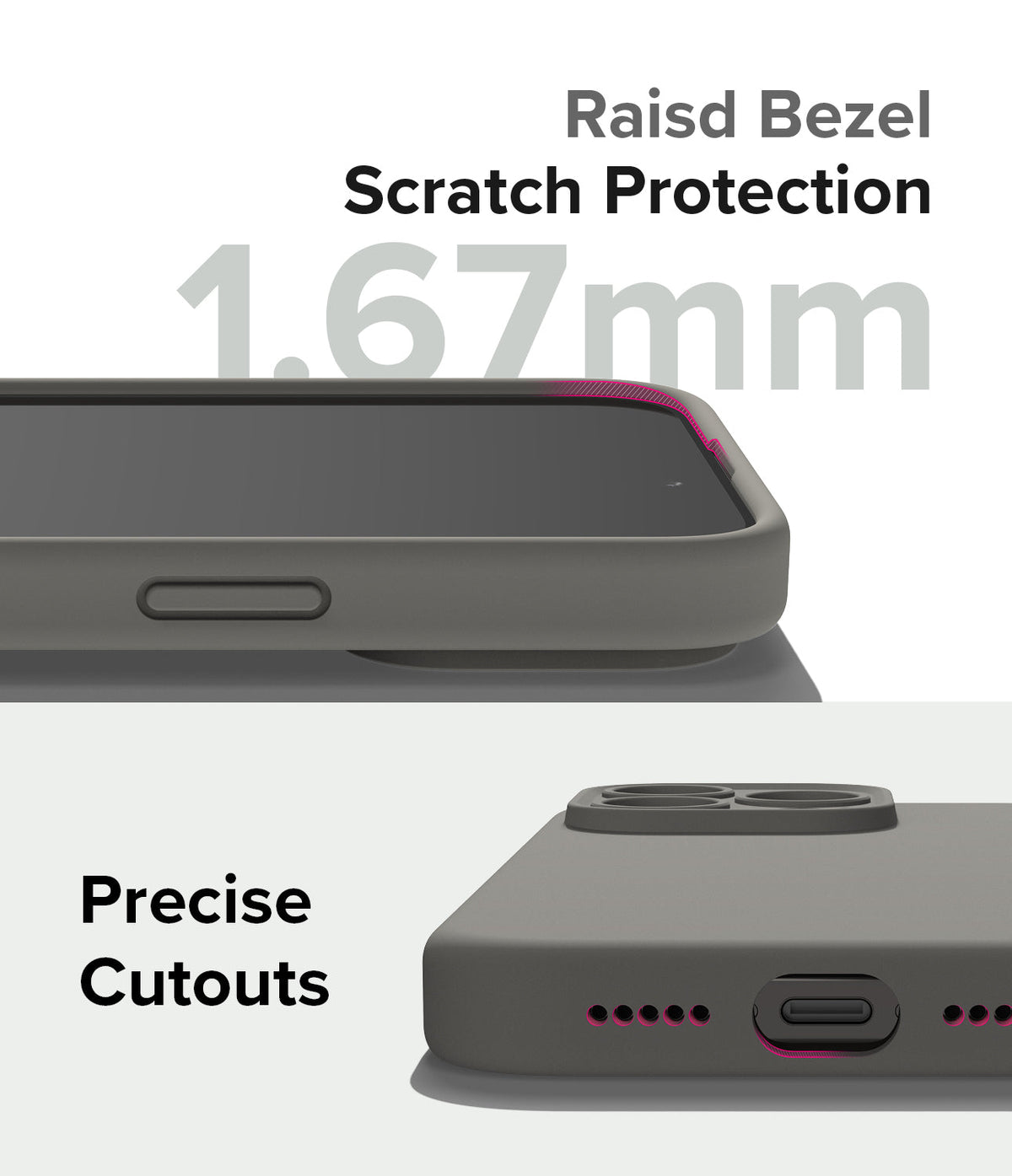 iPhone 15 Pro Case | Silicone Magnetic - Close-up of gray phone case showing 1.67mm raised bezel and precise port cutouts.