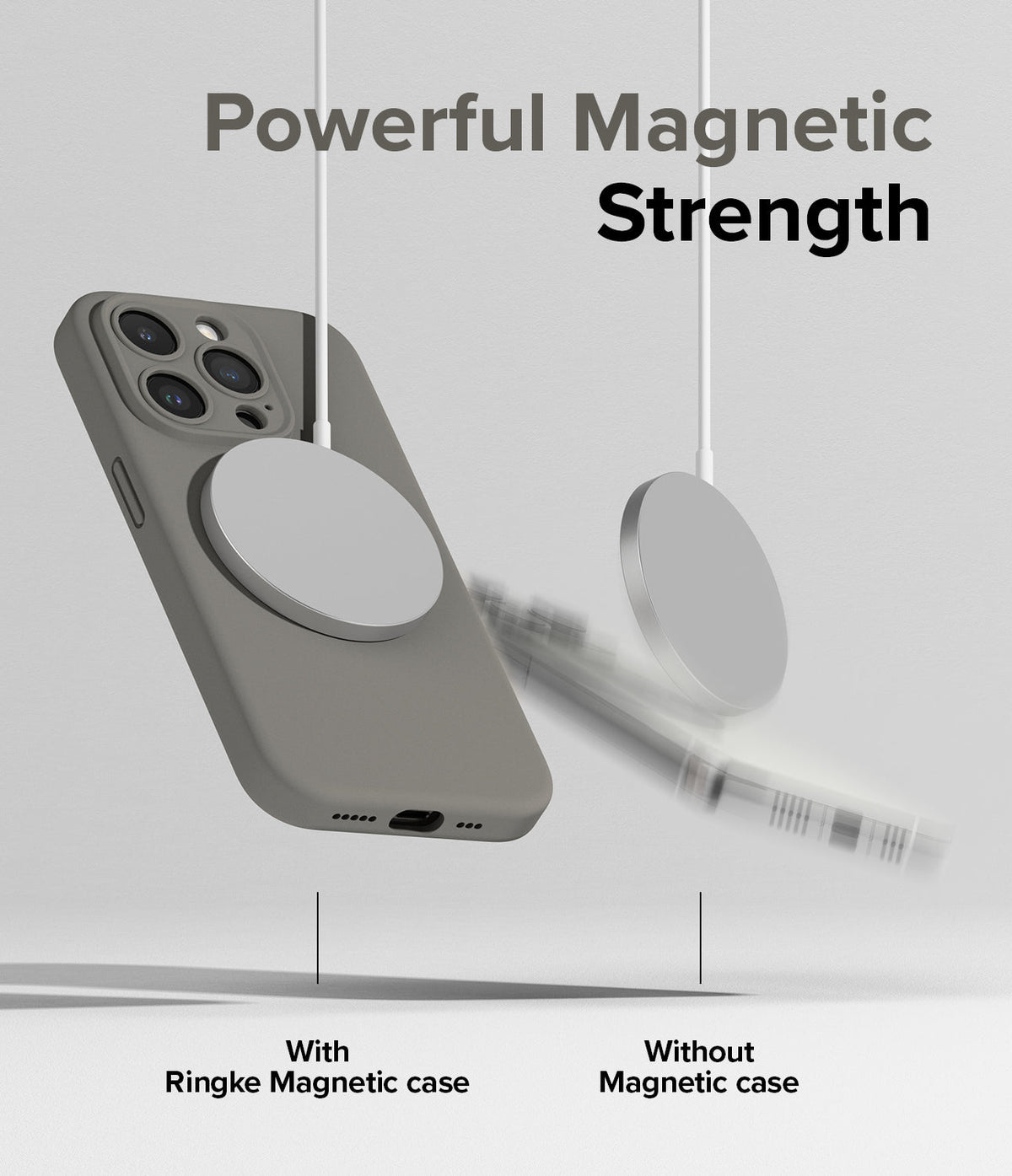 iPhone 15 Pro Case | Silicone Magnetic - A gray iPhone case attached to a magnetic charger while another phone falls.