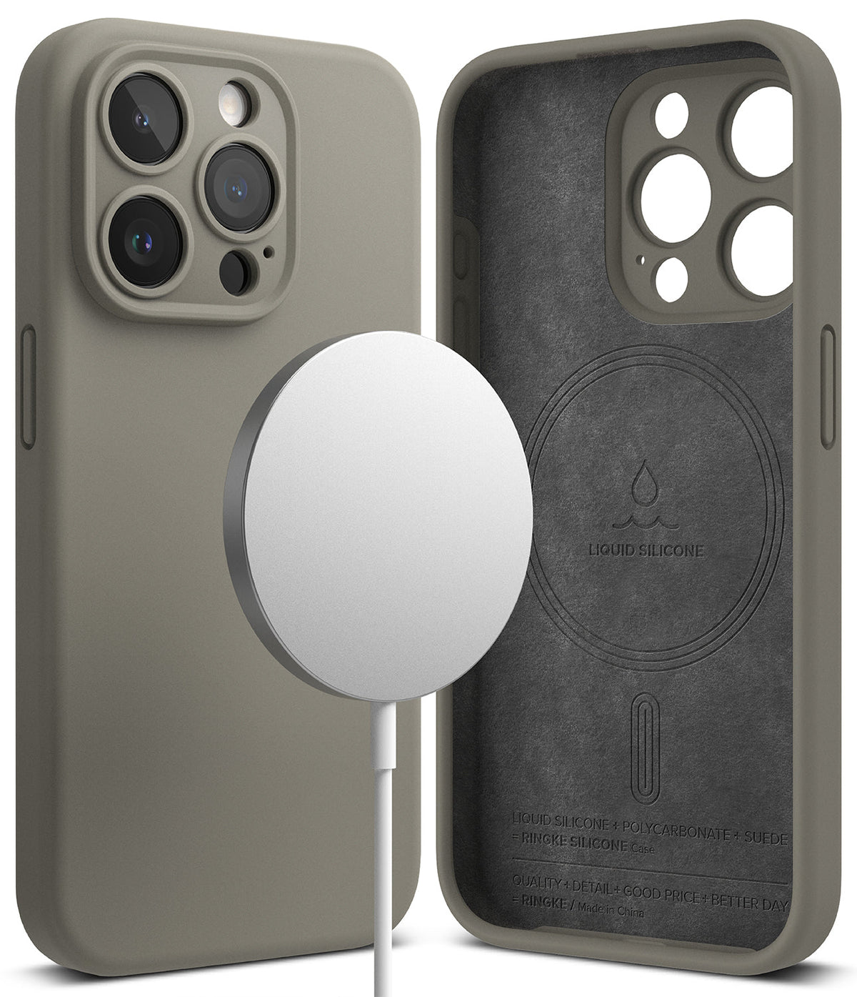 iPhone 15 Pro Case | Silicone Magnetic - Gray silicone case shown from back and interior with a magnetic charger.