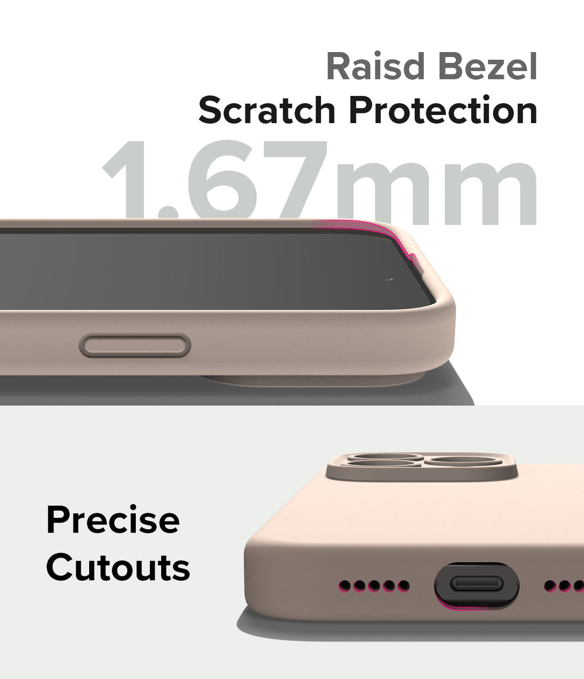 iPhone 15 Pro Case | Silicone Magnetic - Close-up of beige phone case showing 1.67mm raised bezel and precise port cutouts.