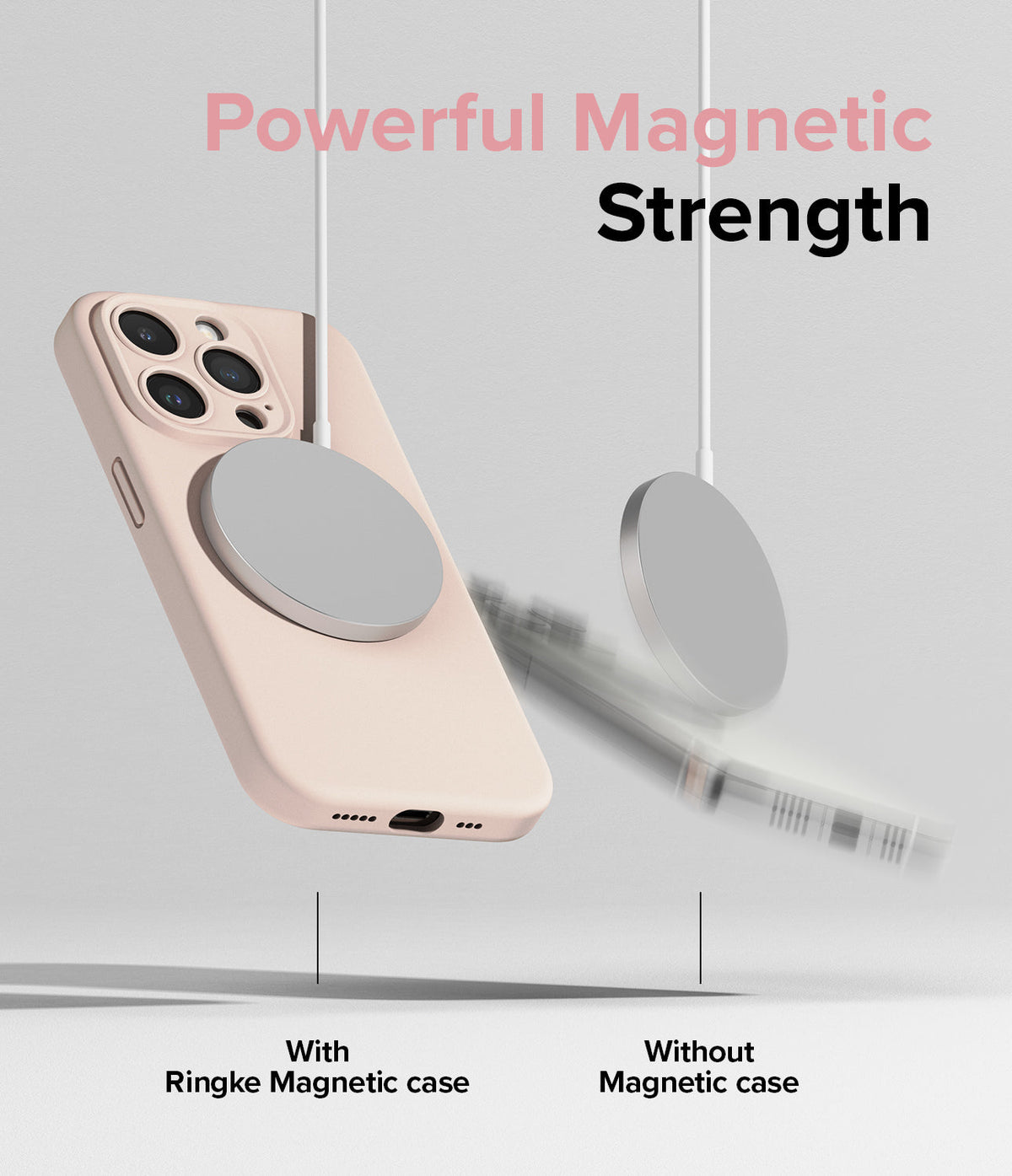 iPhone 15 Pro Case | Silicone Magnetic - A pink magnetic phone case attached to a charger while another phone falls away.
