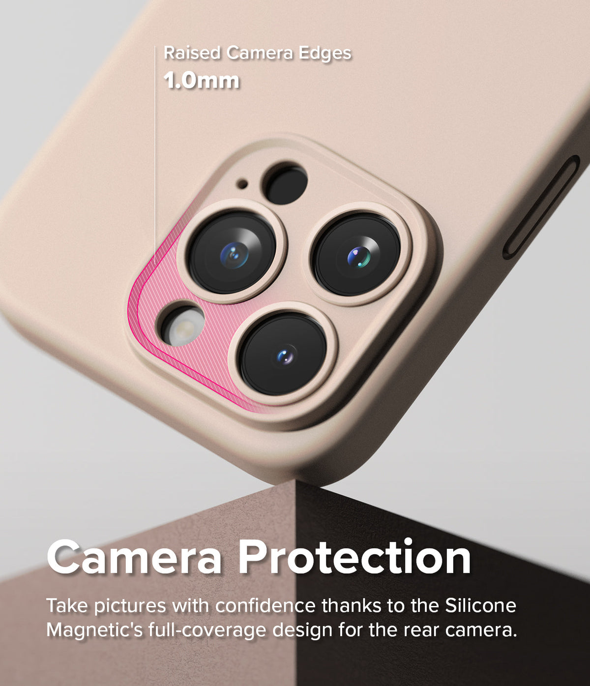 iPhone 15 Pro Case | Silicone Magnetic - Beige phone case highlighting 1.0mm raised edges around the camera lenses.