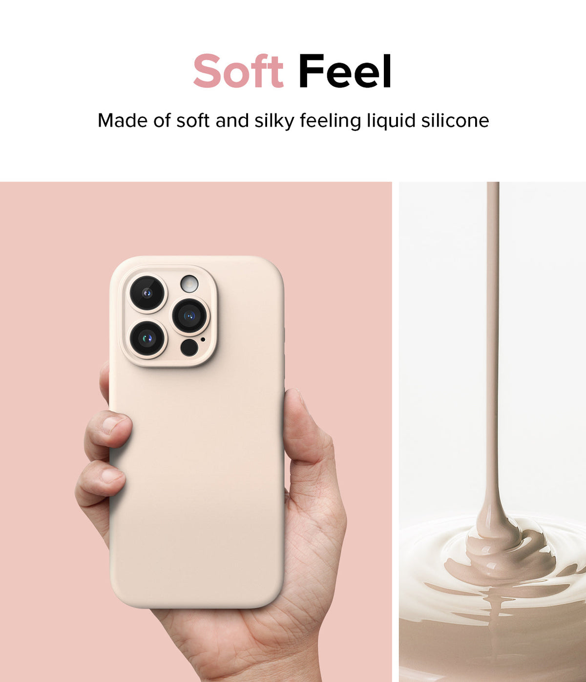 iPhone 15 Pro Case | Silicone Magnetic - Hand holding a beige silicone iPhone case next to liquid pouring into a pool.