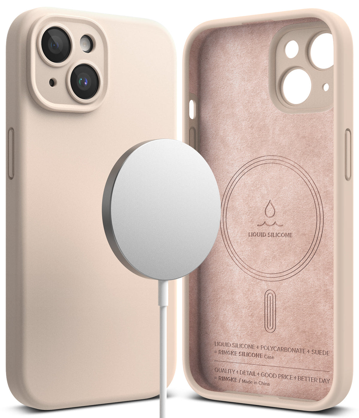 iPhone 15 Plus Case | Silicone Magnetic - Pink sand silicone case with magnetic charger and suede-lined interior.