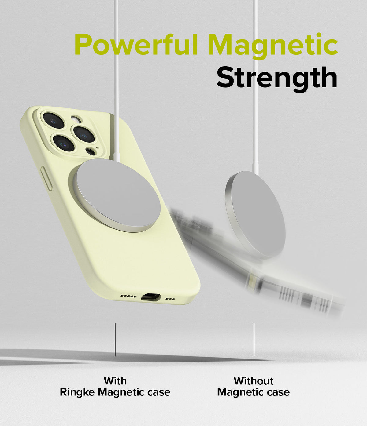 iPhone 15 Pro Case | Silicone Magnetic - A yellow phone case attached to a magnetic charger while another phone falls.