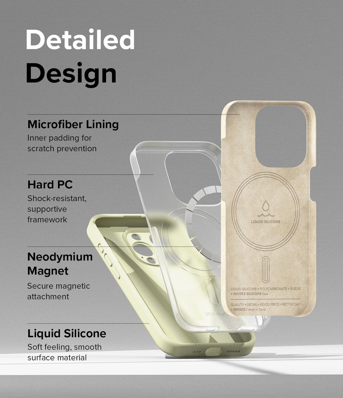 iPhone 15 Pro Case | Silicone Magnetic - Exploded view of phone case layers showing microfiber, hard PC, magnets, and silicone.