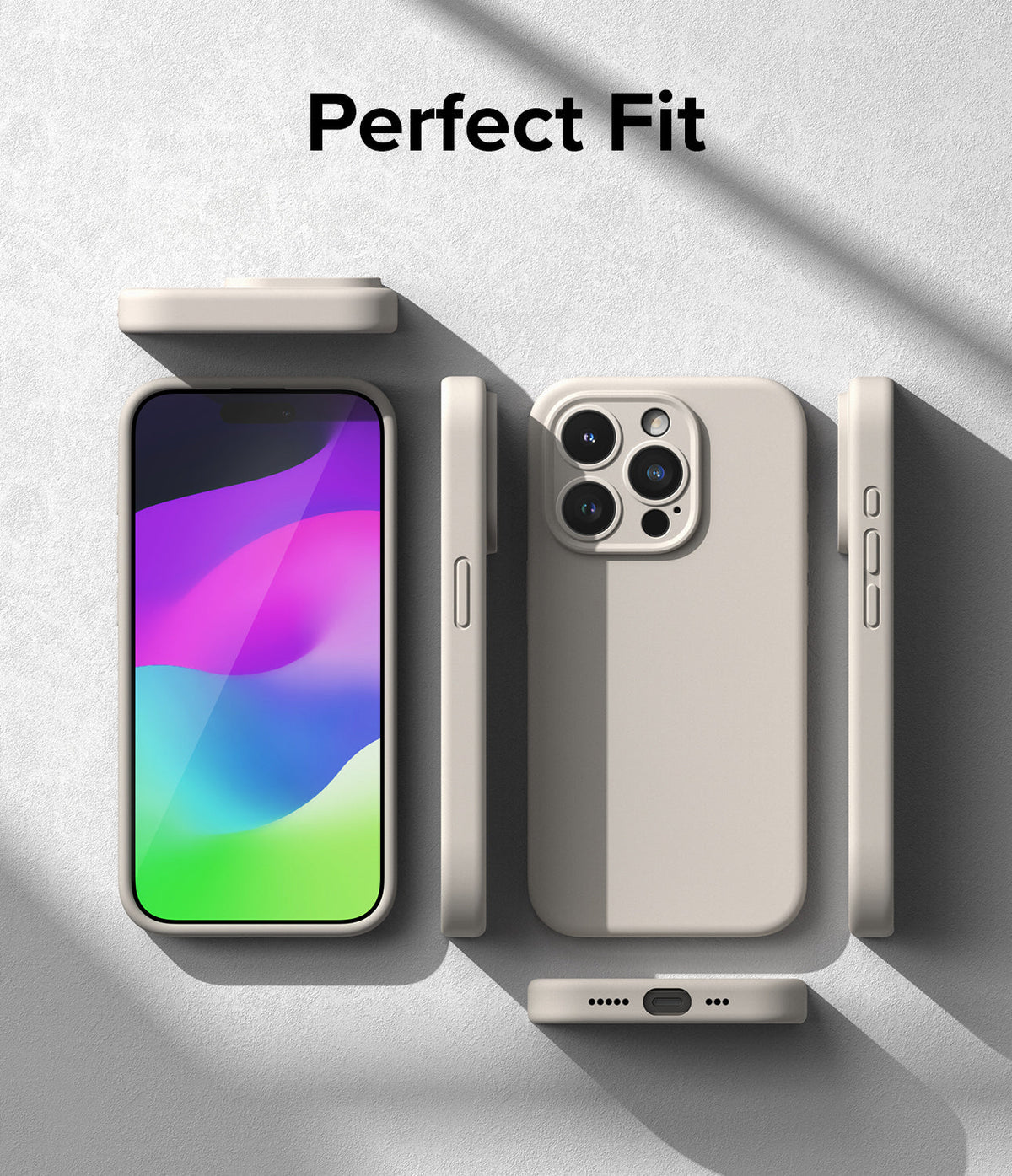 iPhone 15 Pro Case | Silicone Magnetic - Beige phone case shown from multiple angles with a colorful screen display.