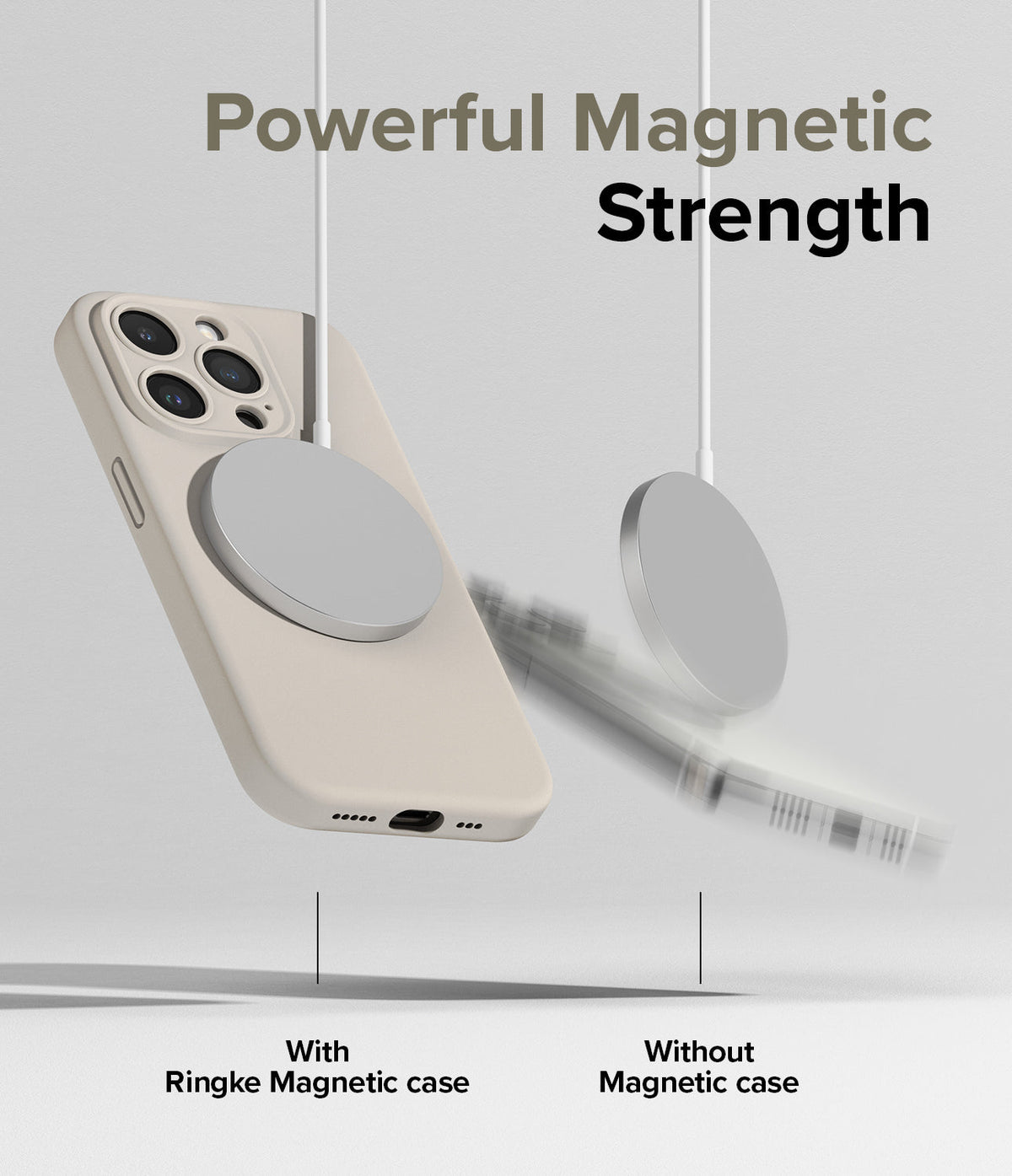 iPhone 15 Pro Case | Silicone Magnetic - A magnetic charger holding a phone in a case versus a phone falling without one.