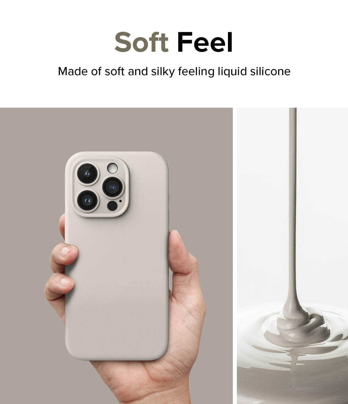 iPhone 15 Pro Case | Silicone Magnetic - Hand holding a beige silicone phone case next to liquid silicone pouring.